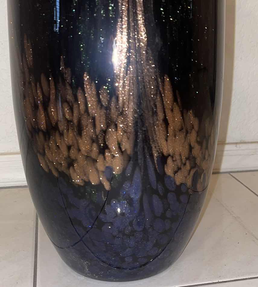 Photo 1 of MURANO-STYLE GOLD BLACK BLUE VASE WITH FAUX FLORAL ARRANGEMENT 16.5”H