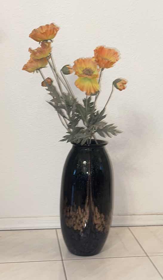 Photo 1 of MURANO-STYLE GOLD BLACK BLUE VASE WITH FAUX FLORAL ARRANGEMENT 16.5”H