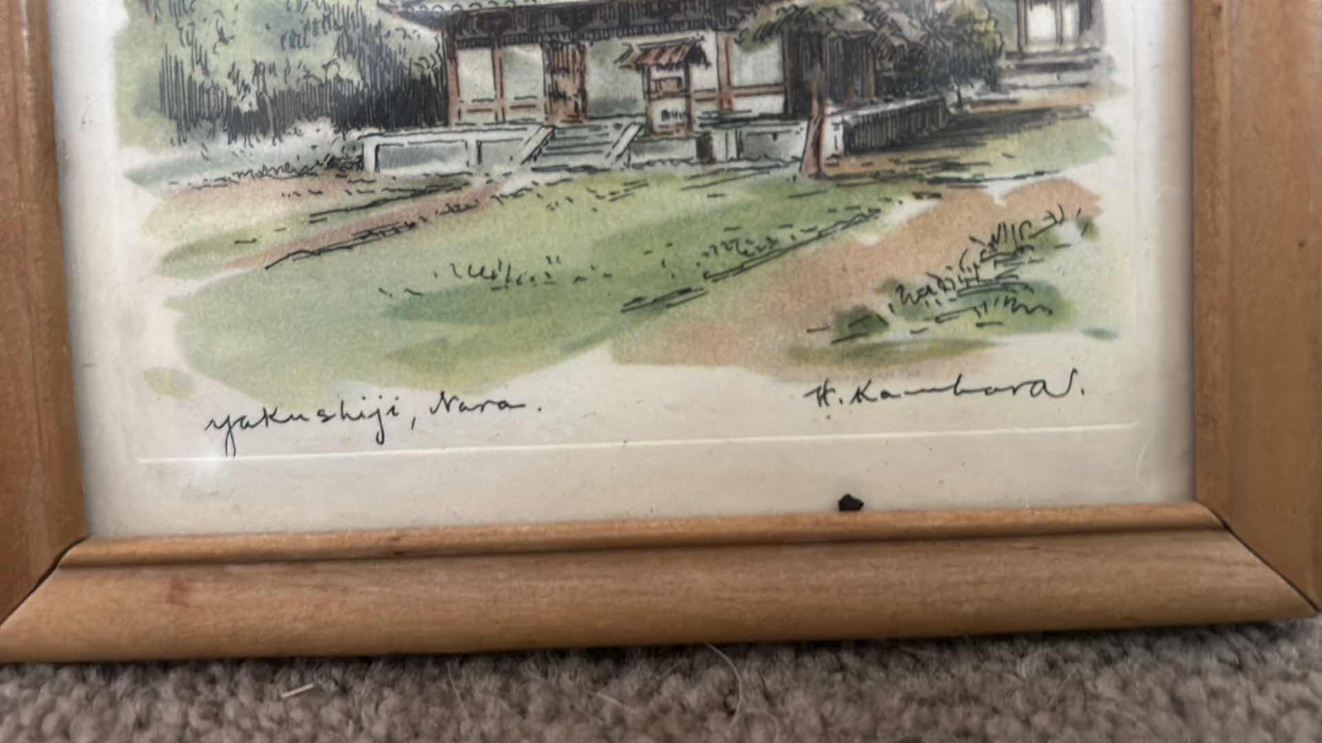 Photo 1 of TWO WOOD FRAMED, JAPANESE PAGODA LANDSCAPE, ARTIST-SIGNED ARTWORK, 6" X H8"