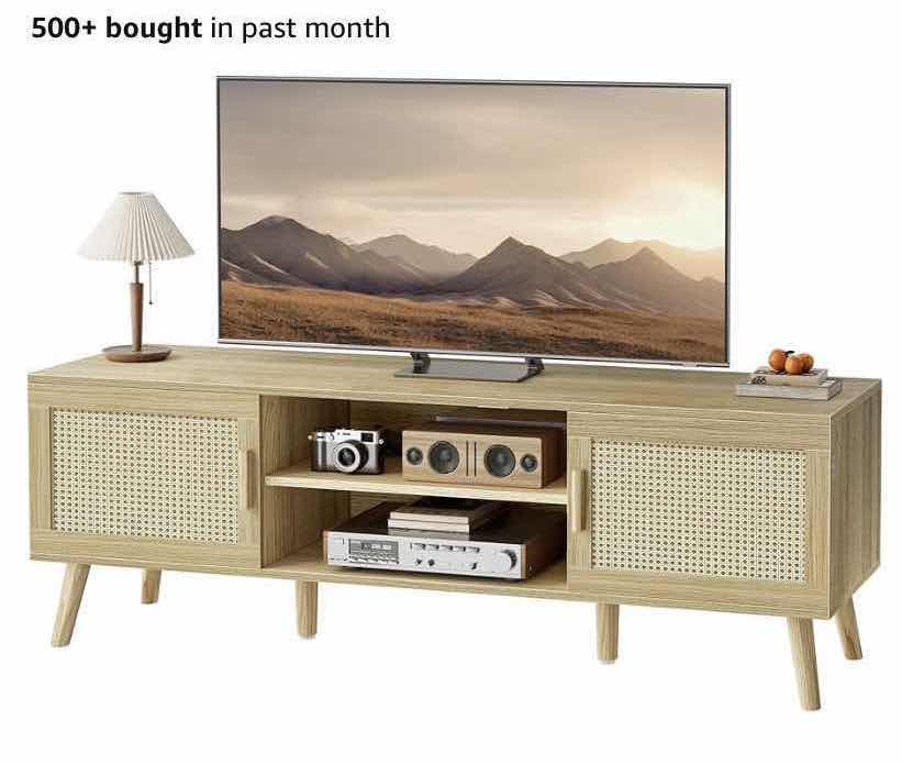 Photo 1 of SUPERJARE BOHO TV STAND FOR 65" TV, ENTERTAINMENT CENTER , WOOD AND RATTAN 