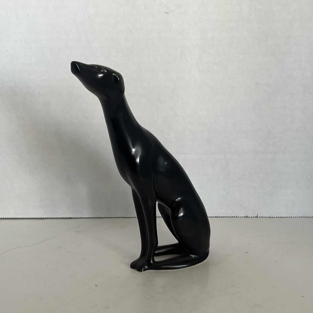 Photo 1 of 7” H BLACK GLAZE SITTING TALL POLYSTONE GREYHOUND FIGURINE