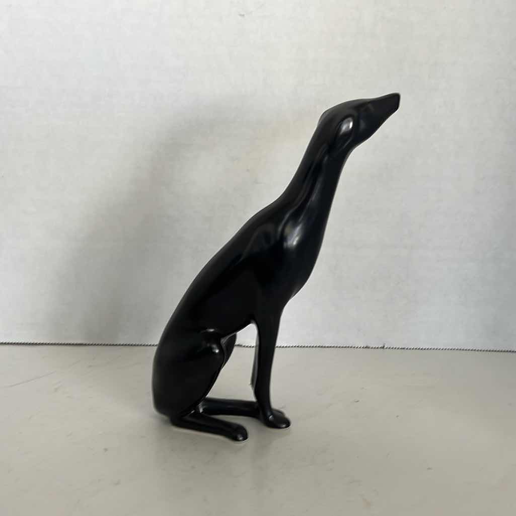 Photo 1 of 7” H BLACK GLAZE SITTING TALL POLYSTONE GREYHOUND FIGURINE