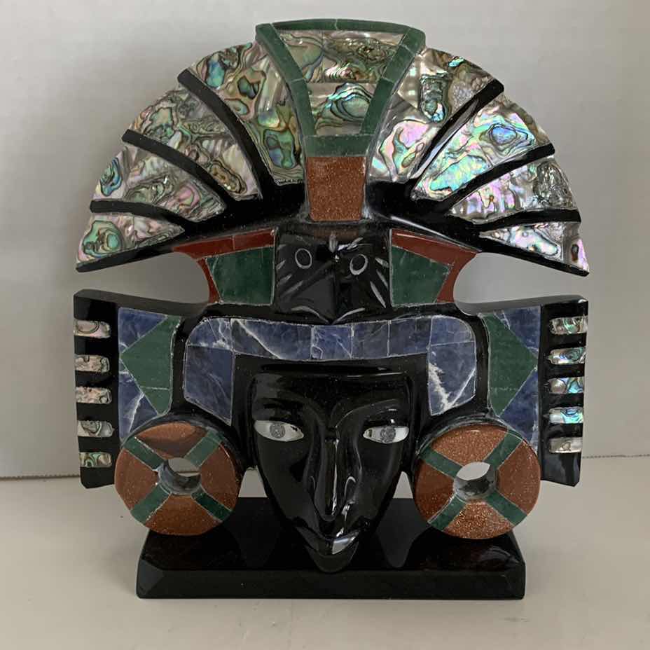 Photo 1 of OBSIDIAN AND ABALONE SHELL AZTEC SUN GOD SCULPTURE 9” TALL