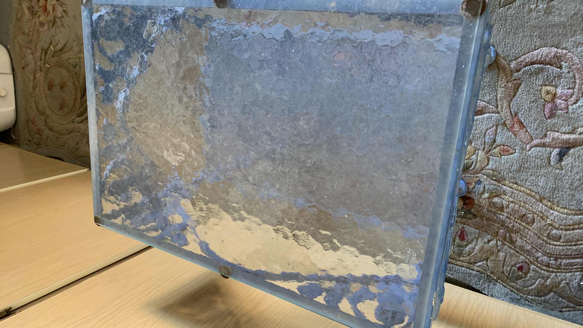 Photo 1 of GLASS TOP BLUE PAINTED ALUMINUM OUTDOOR PATIO TABLE 24” X 23” H 17”