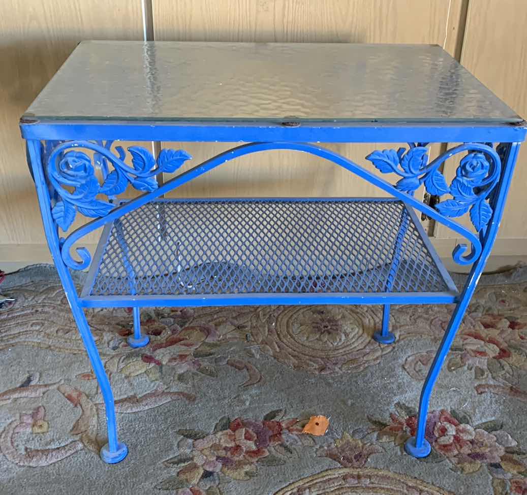 Photo 1 of GLASS TOP BLUE PAINTED ALUMINUM OUTDOOR PATIO TABLE 24” X 23” H 17”