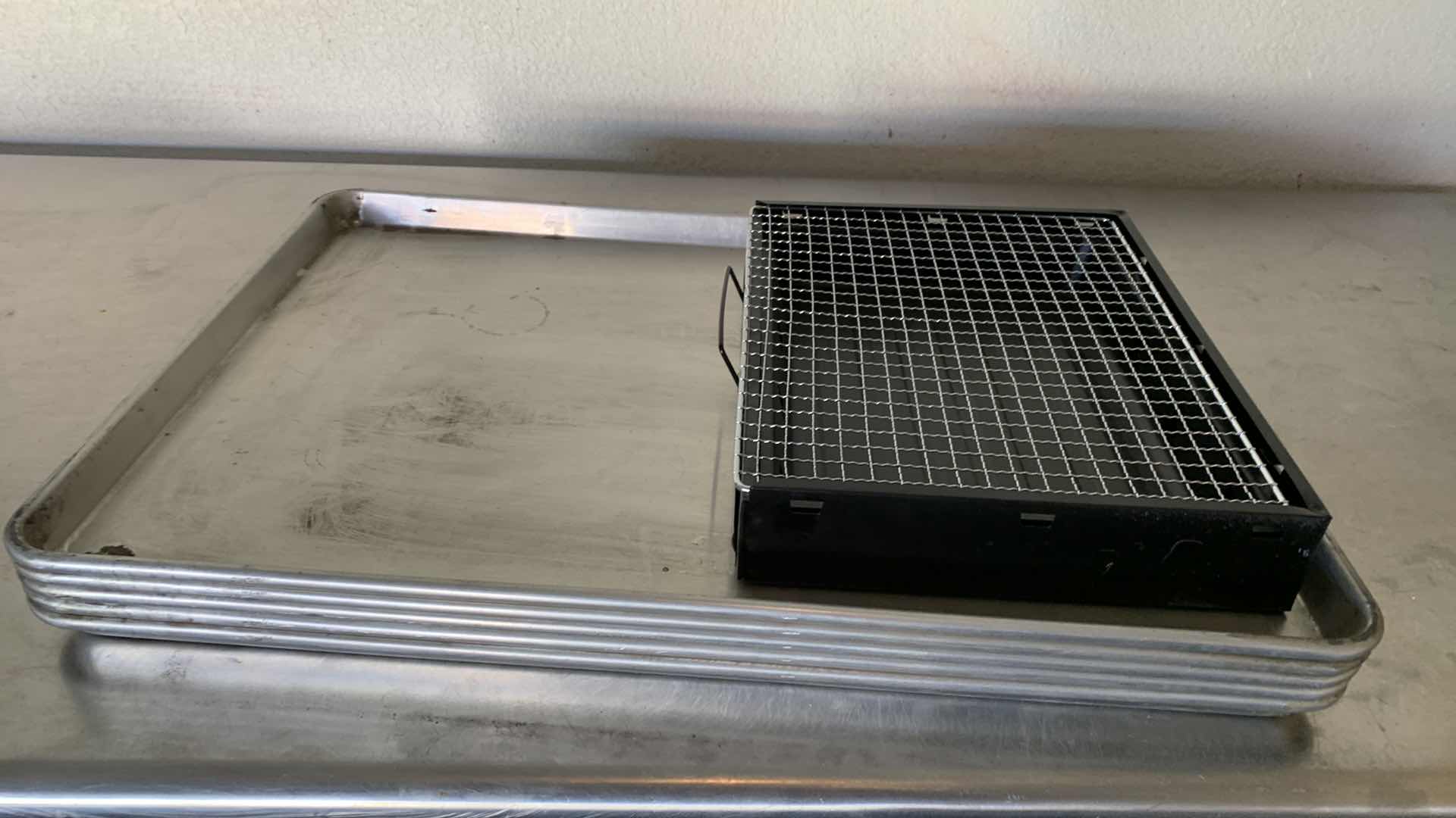 Photo 1 of 5-LARGE COMMERCIAL OVEN BAKING SHEETS 26” X 18” AND A PORTABLE GRILL