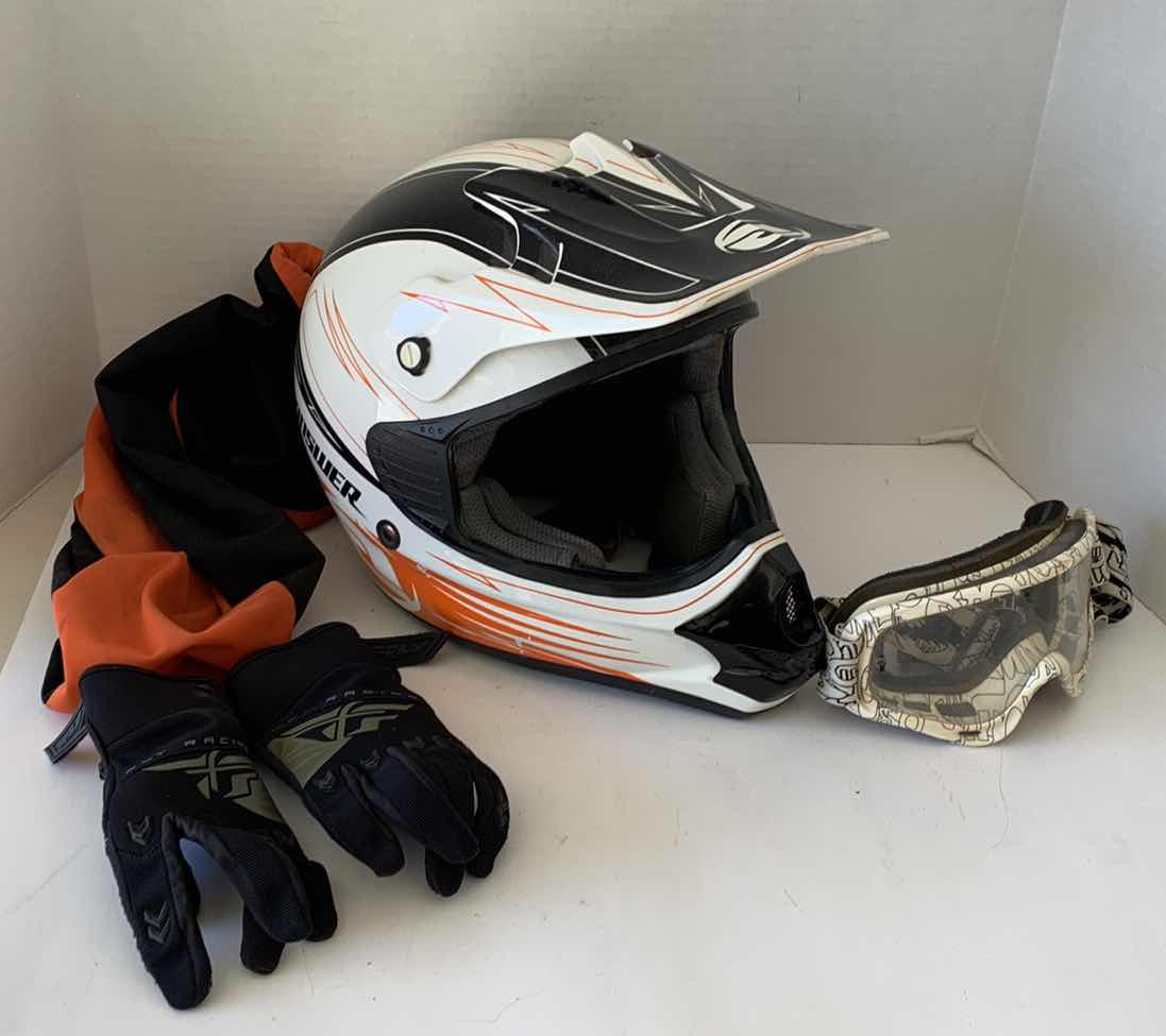 Photo 1 of ANSWER NOVA FULL FACE DIRT BIKE/MOTORCYCLE HELMET SIZE SMALL, FLY RACING GLOVES AND GOGGLES