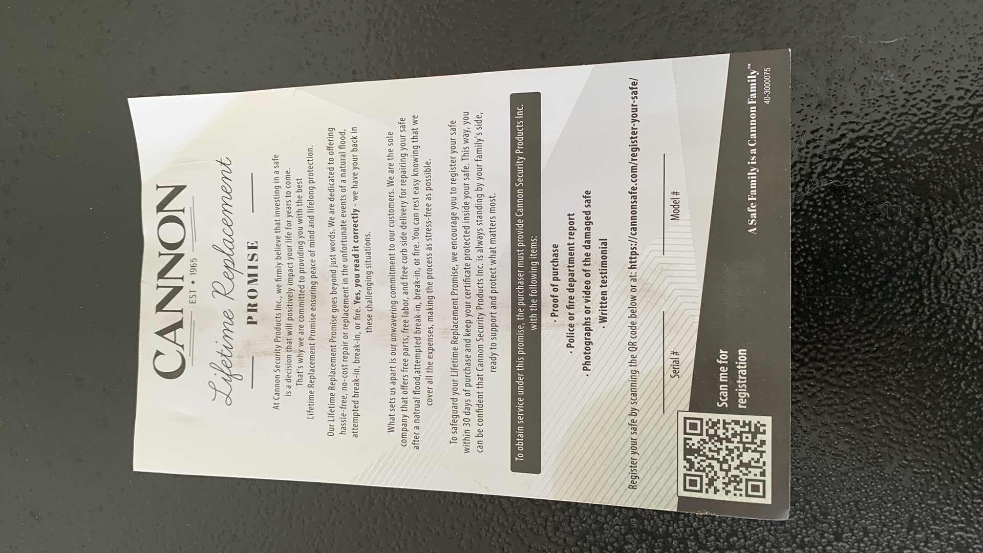 Photo 1 of GUN SAFE-CANNON RELIANT FIRE/WATER RESISTANT, ELECTRONIC LOCK W BACKUP KEY  28 X 20” H 55” 
HEAVY! BRING PROPER LABOR AND TOOLS FOR REMOVAL.