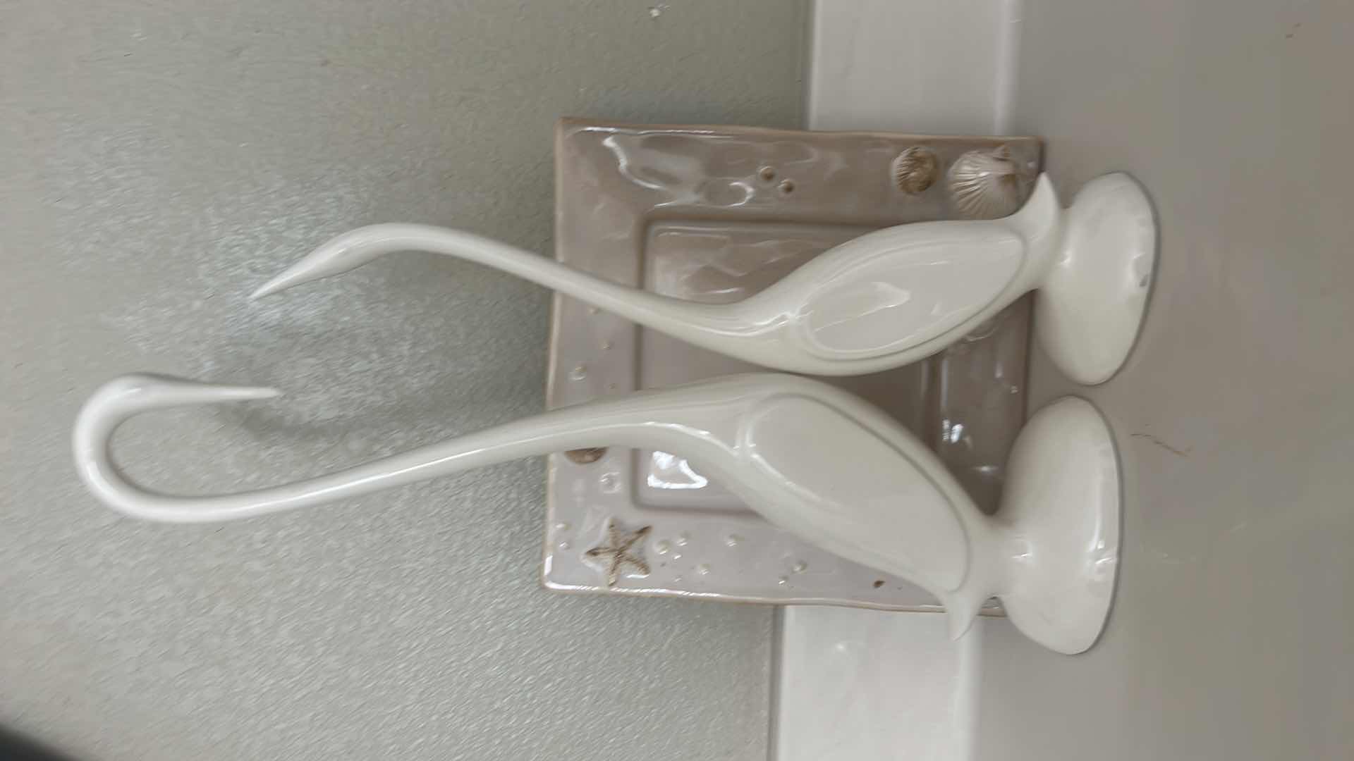 Photo 5 of HOME DECOR -  PORCELAIN SWAN FIGURINES H 16” AND OCEAN THEMED DISH