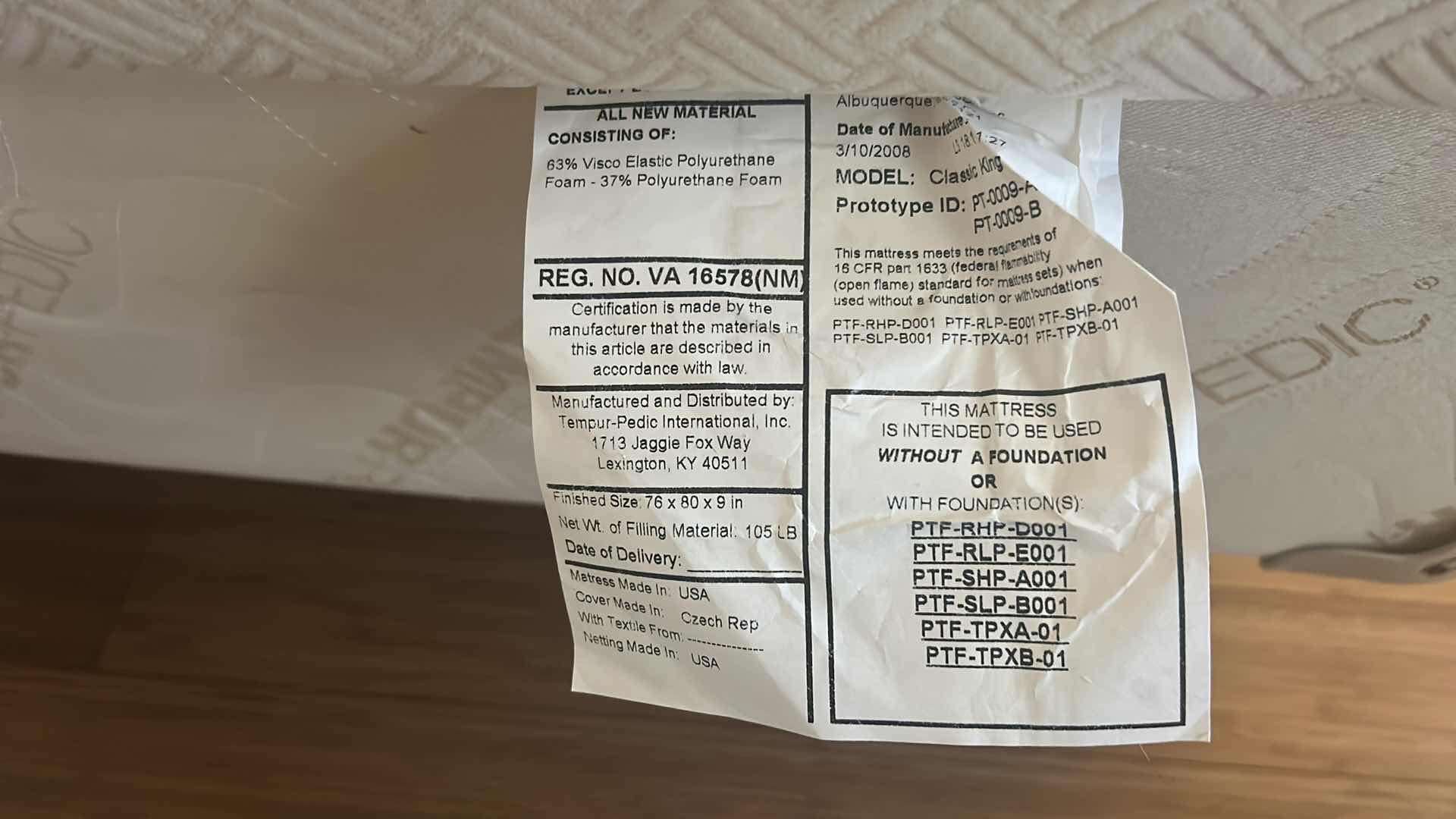 Photo 1 of CLASSIC KING TEMPURPEDIC MATTRESS 