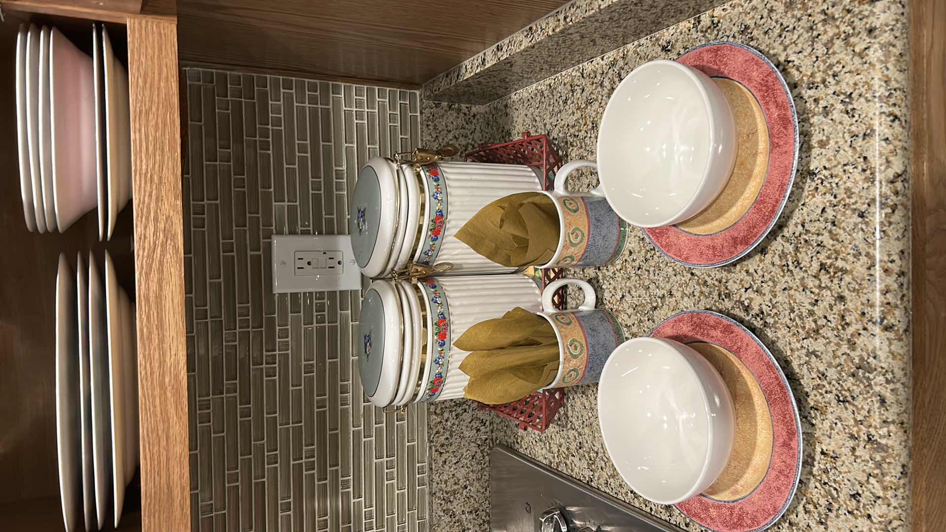 Photo 1 of CONTENTS OF KITCHEN CABINET AND COUNTERTOP DISHES AND GLASSWARE