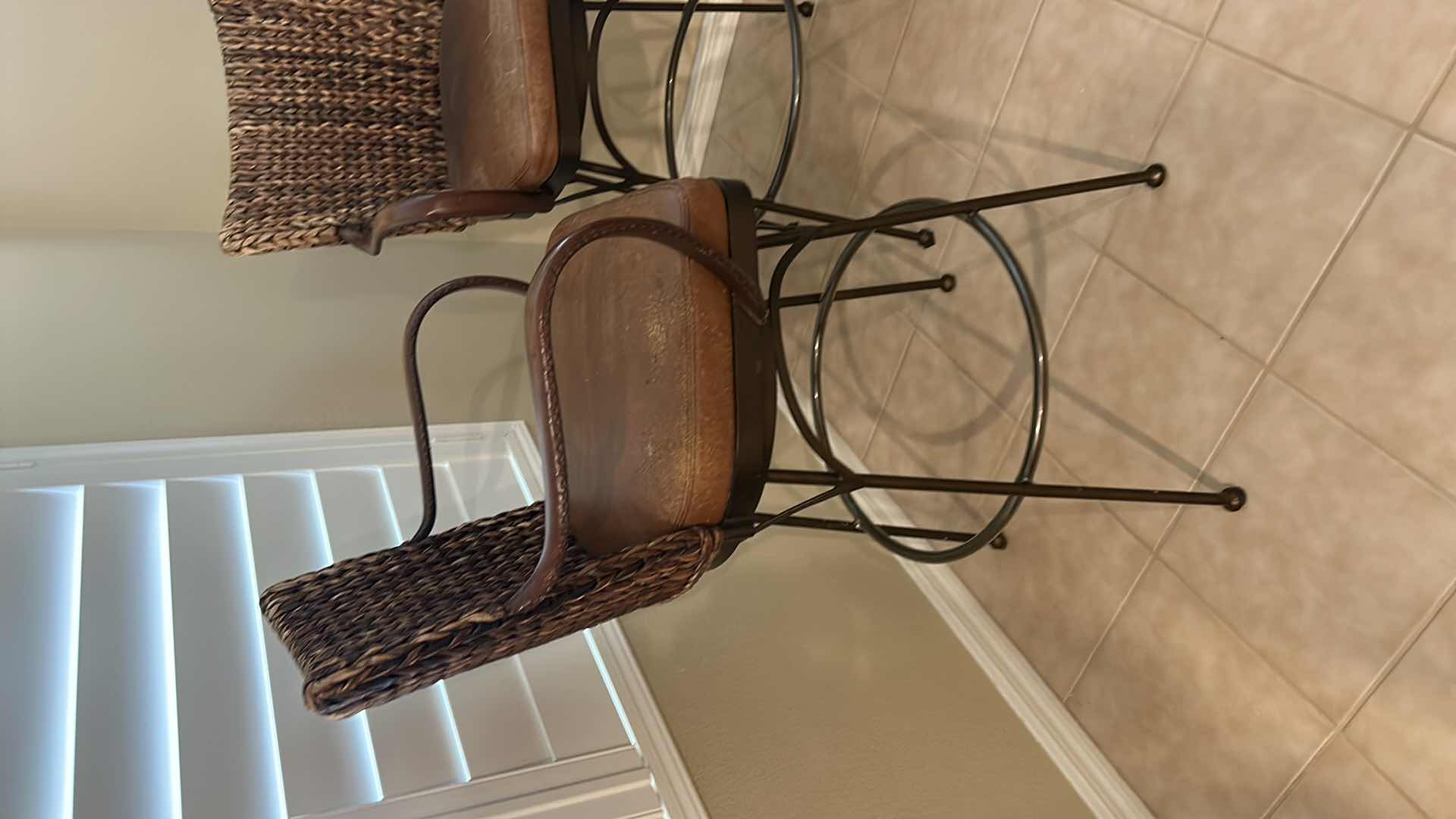 Photo 1 of 3-METAL AND RATTAN WOVEN SWIVEL BAR STOOLS W LEATHER SEATS,
SEAT HEIGHT 30", OVERALL HEIGHT 44"