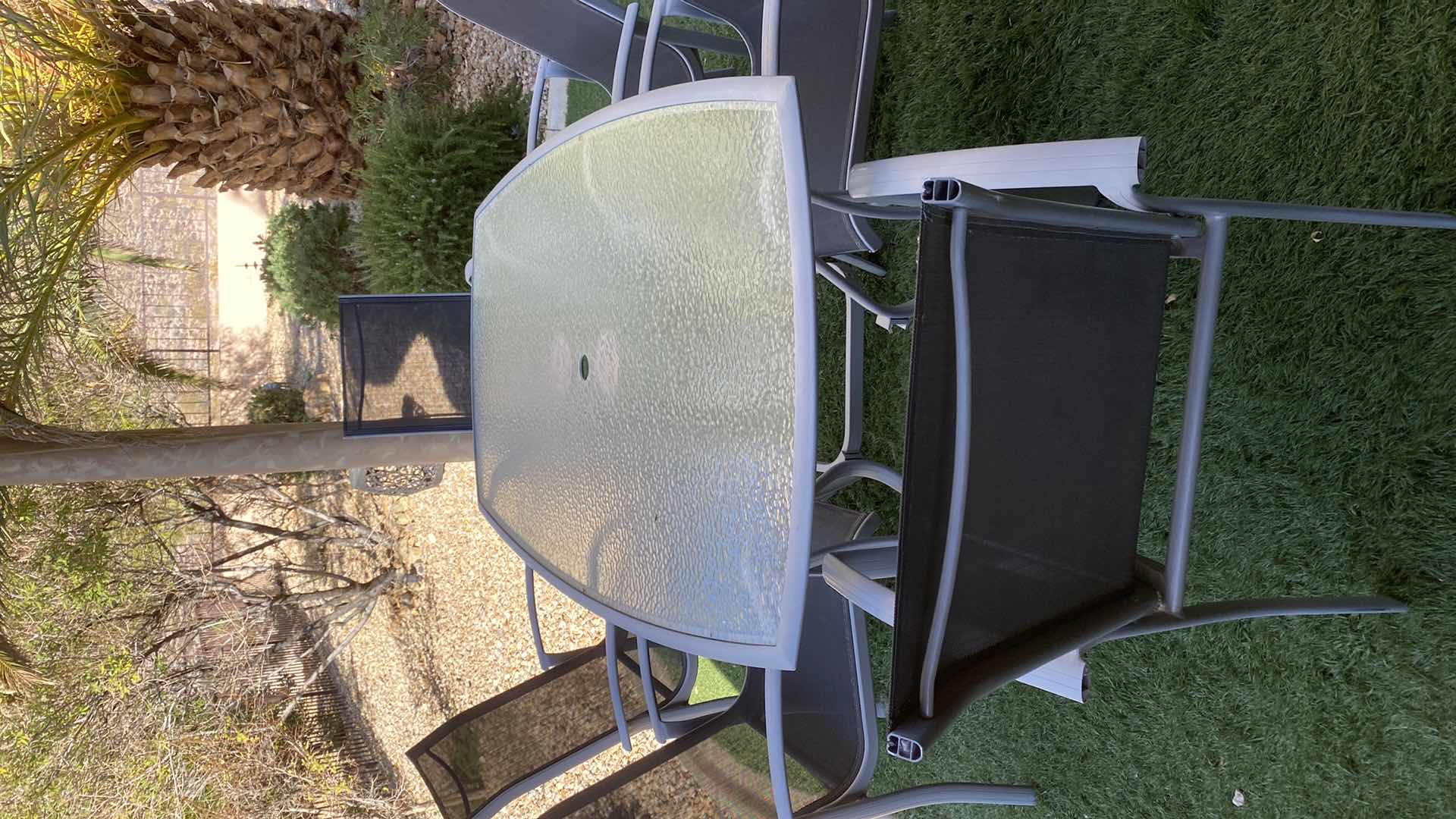 Photo 1 of 7-PIECE ALUMINUM TABLE AND CHAIR SET WITH GLASS TOP 71“ x 42” H 27”