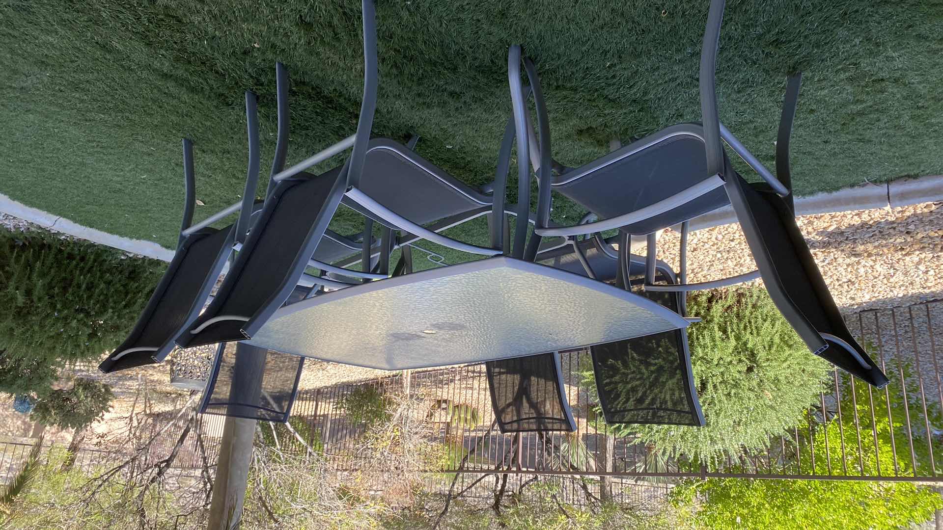 Photo 1 of 7-PIECE ALUMINUM TABLE AND CHAIR SET WITH GLASS TOP 71“ x 42” H 27”