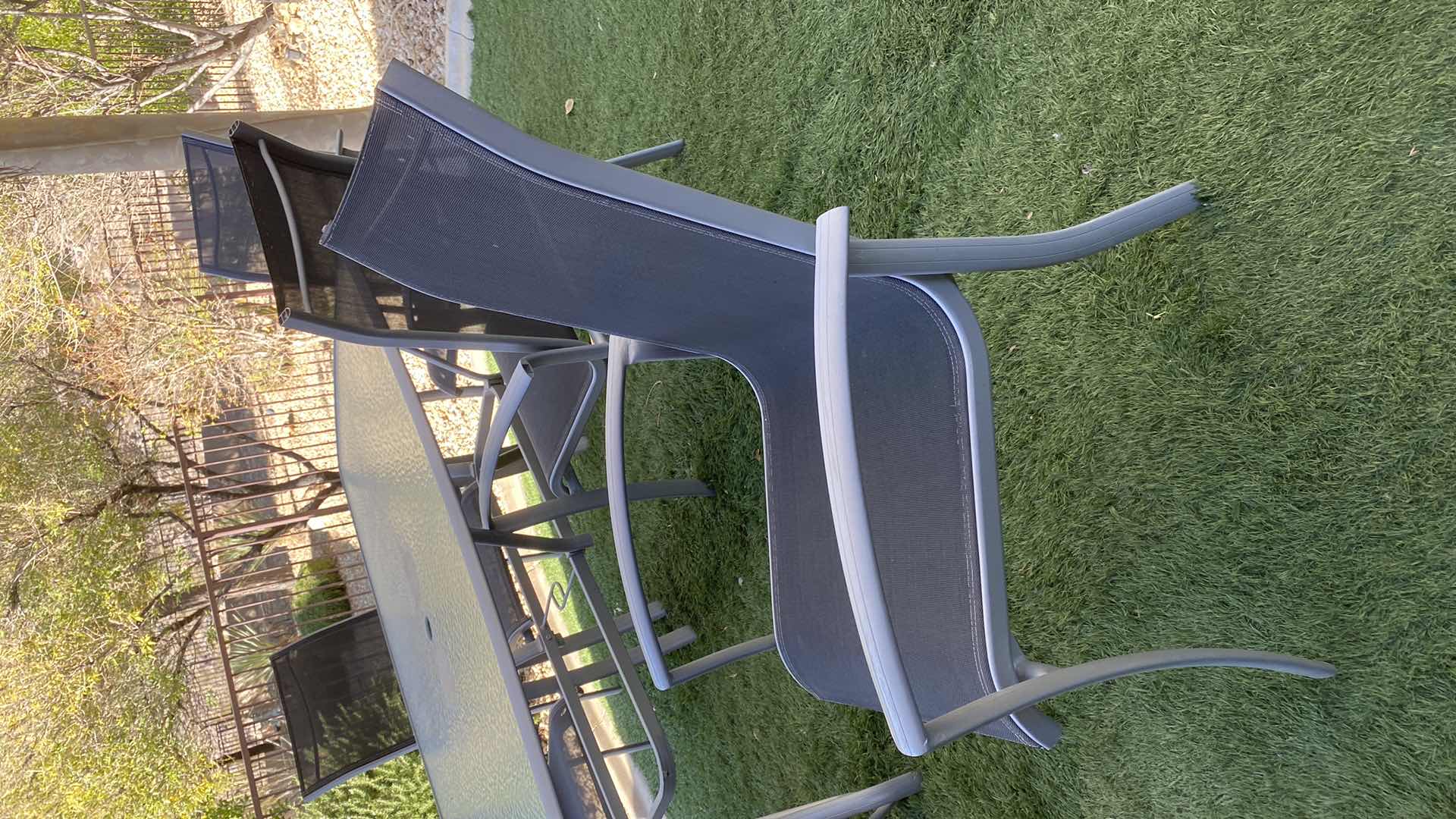 Photo 1 of 7-PIECE ALUMINUM TABLE AND CHAIR SET WITH GLASS TOP 71“ x 42” H 27”