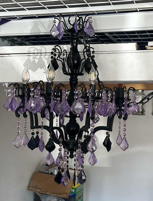 Photo 1 of LAVENDER AND BLACK LEAD CRYSTAL CHANDELIER 21” X 31 1/2”