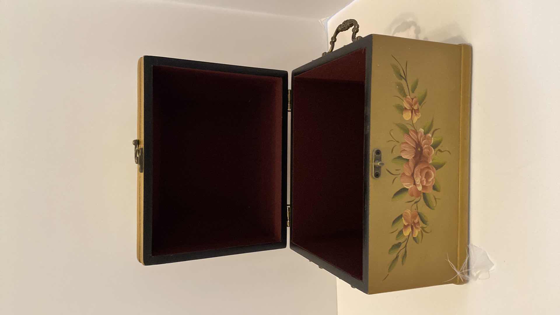 Photo 1 of HAND PAINTED BOX 9“ x 7“ H 7.5” AND PORCELAIN DOLL H 8”