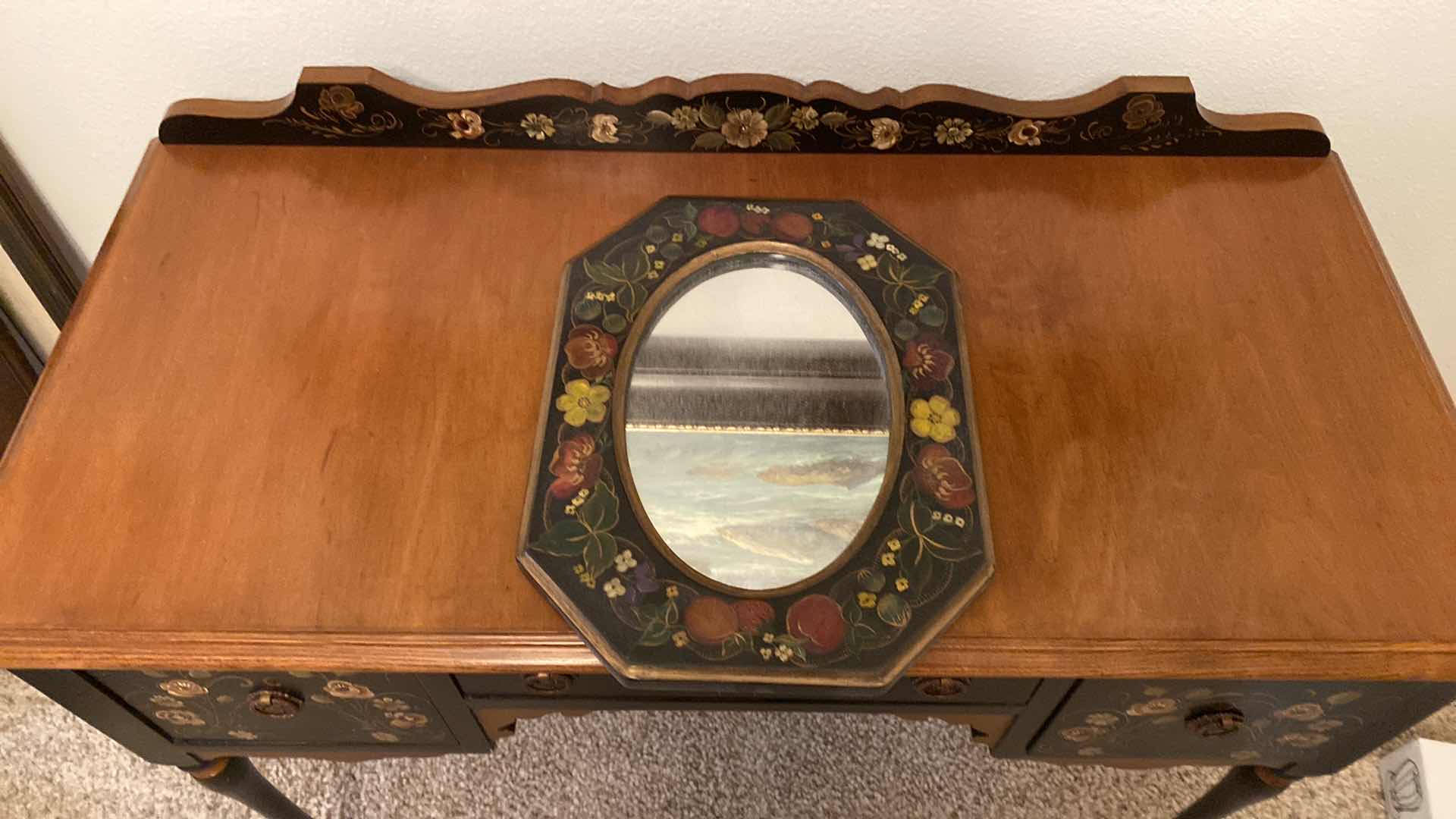 View 2 of HAND PAINTED WOOD DESK AND MIRROR 38 1/2” x 17 1/2” H 32”