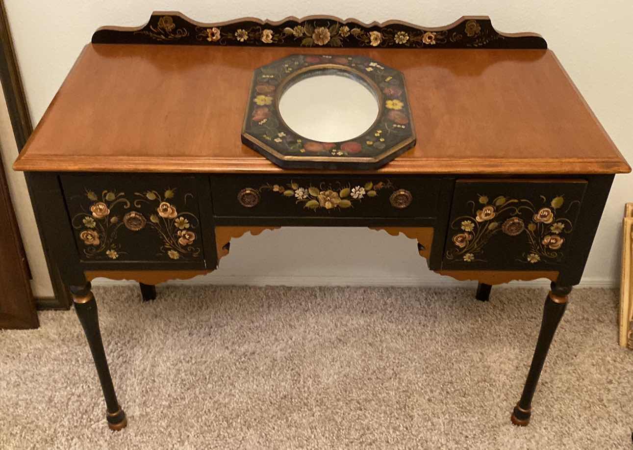 View 1 of HAND PAINTED WOOD DESK AND MIRROR 38 1/2” x 17 1/2” H 32”