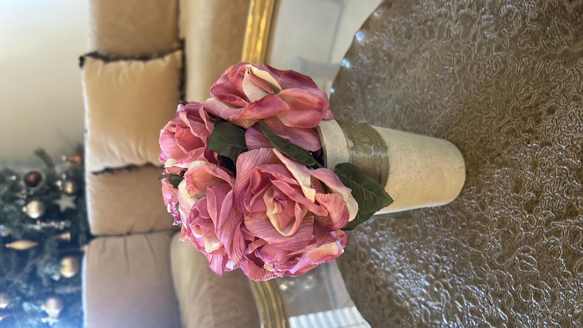 Photo 5 of SCALLOPED ETCHED CERAMIC PLATE PLATE AND 3 FAUX ROSE PLANTS