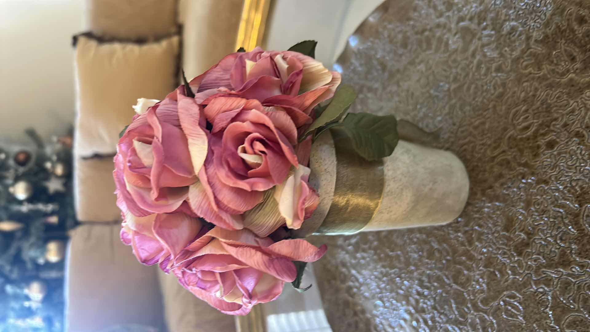 Photo 1 of SCALLOPED ETCHED CERAMIC PLATE PLATE AND 3 FAUX ROSE PLANTS