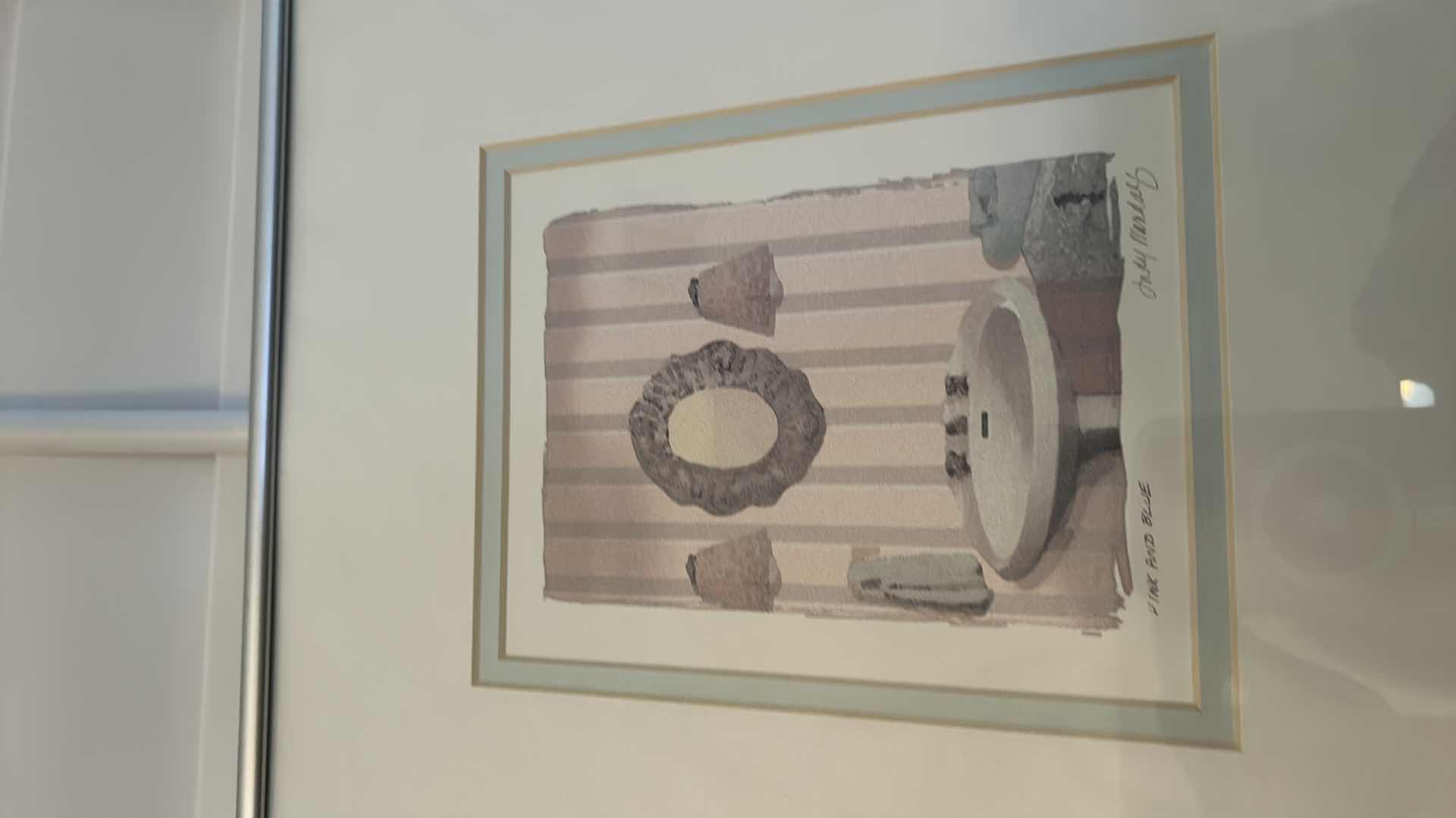 Photo 1 of 2 PIECE MUTED SOFT SHADES SIGNED ARTWORK, FRAMED 12 1/2” x 13 1/2”