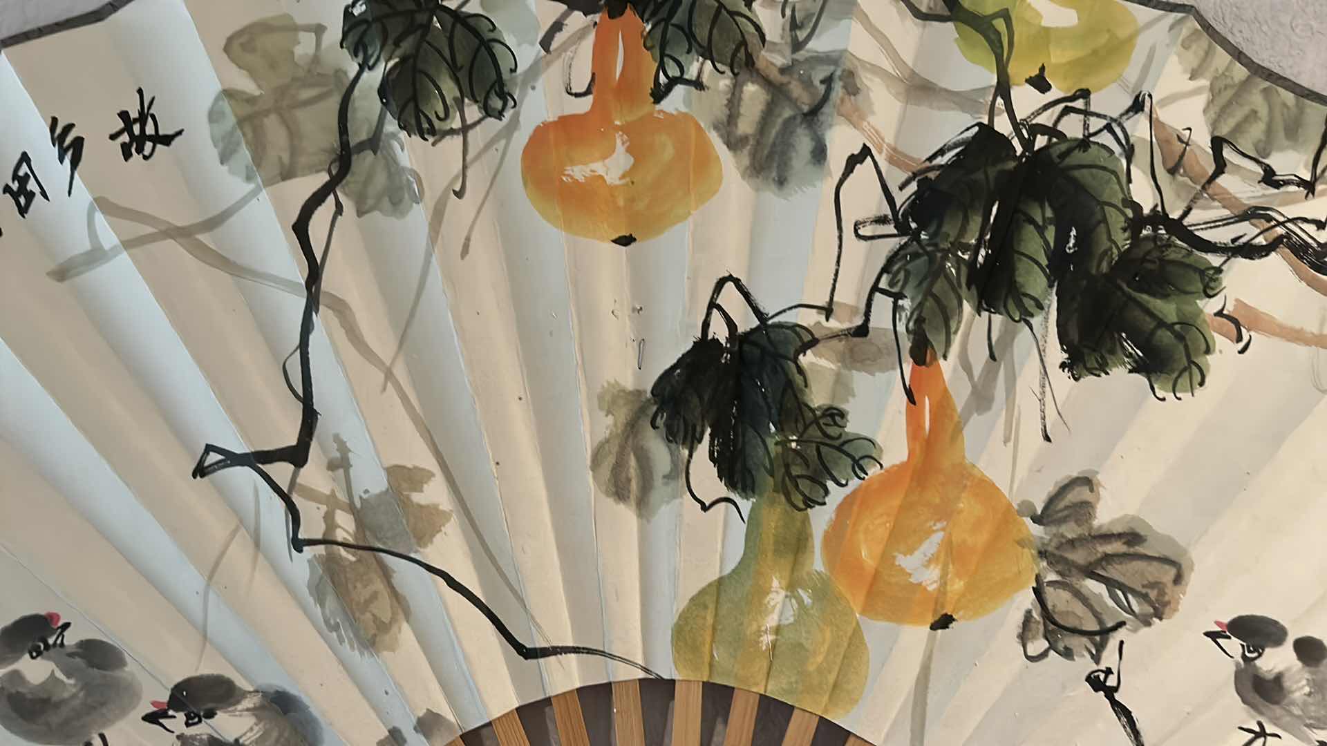 Photo 1 of ASIAN HOME DECOR / HAND PAINTED FAN 33” x 20” AND CARVED WOOD VESSEL H9.5”