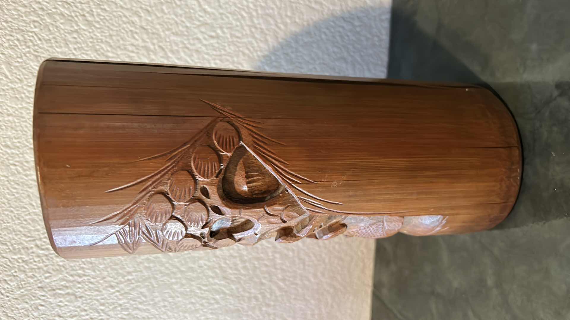 Photo 1 of ASIAN HOME DECOR / HAND PAINTED FAN 33” x 20” AND CARVED WOOD VESSEL H9.5”