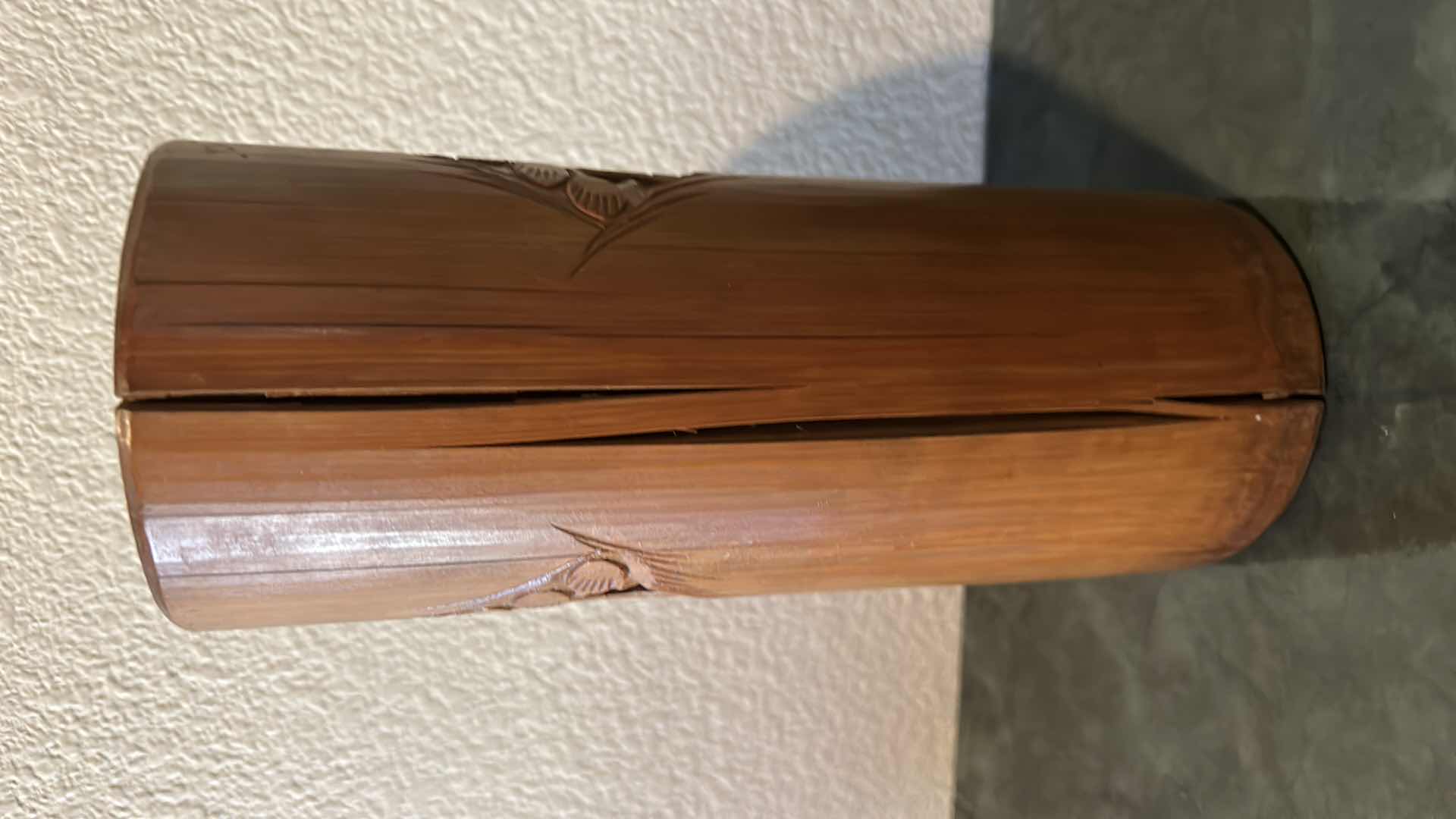 Photo 1 of ASIAN HOME DECOR / HAND PAINTED FAN 33” x 20” AND CARVED WOOD VESSEL H9.5”