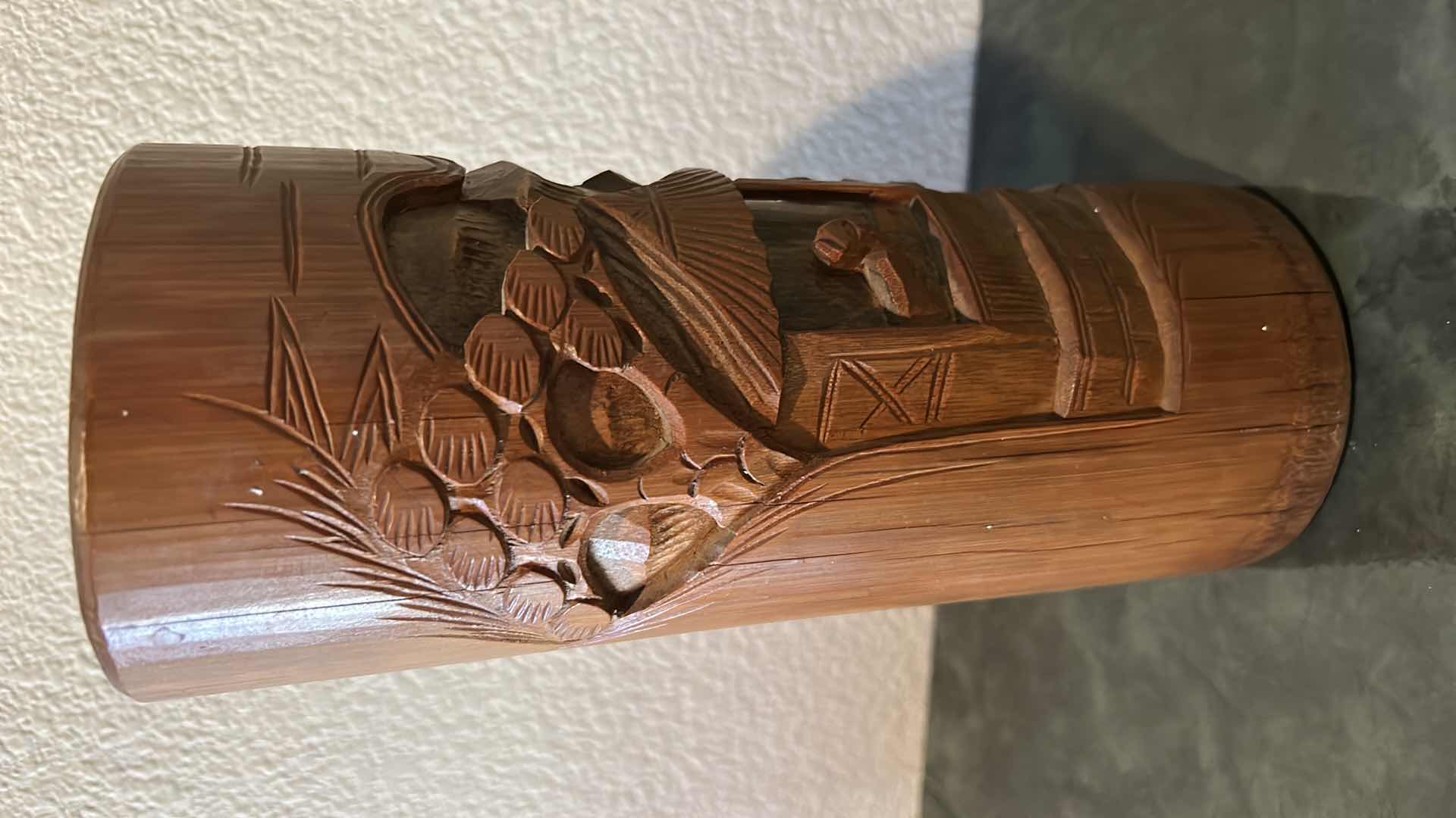 Photo 1 of ASIAN HOME DECOR / HAND PAINTED FAN 33” x 20” AND CARVED WOOD VESSEL H9.5”