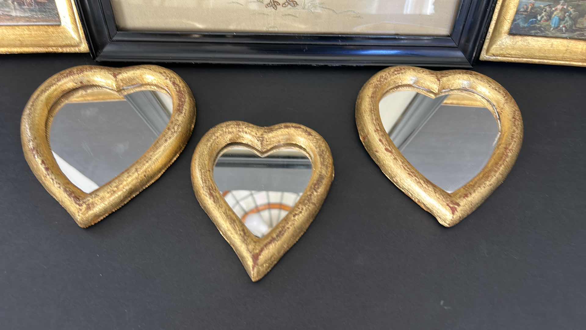 Photo 1 of HOME DECOR ASSORTMENT, NEEDLE POINT PEACOCK 12.5” x 12.5” ITALIAN ARTWORK IN GOLD FRAMES AND 3 ITALIAN GOLD FRAMED HEART MIRRORS