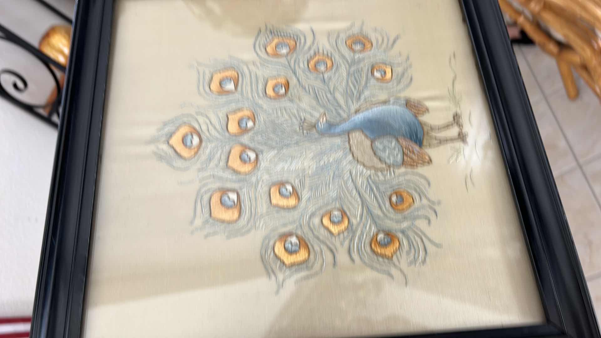 Photo 1 of HOME DECOR ASSORTMENT, NEEDLE POINT PEACOCK 12.5” x 12.5” ITALIAN ARTWORK IN GOLD FRAMES AND 3 ITALIAN GOLD FRAMED HEART MIRRORS