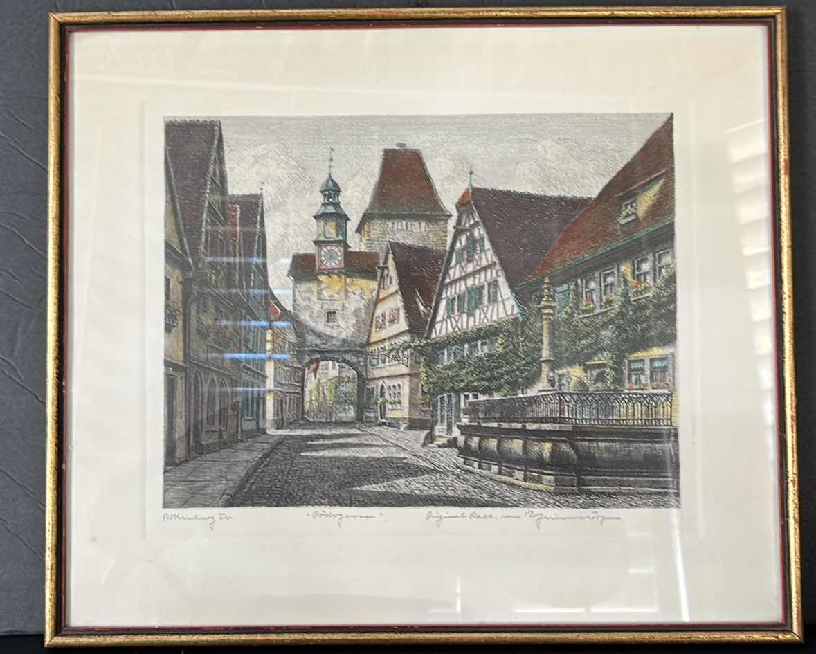 Photo 4 of 2 WALL DECOR- GOLD FRAMED ARTWORK 1 SIGNED - OLD WOMAN 14 1/2 x 17 1/2, VILLAGE 15 3/4” x 13 1/2”