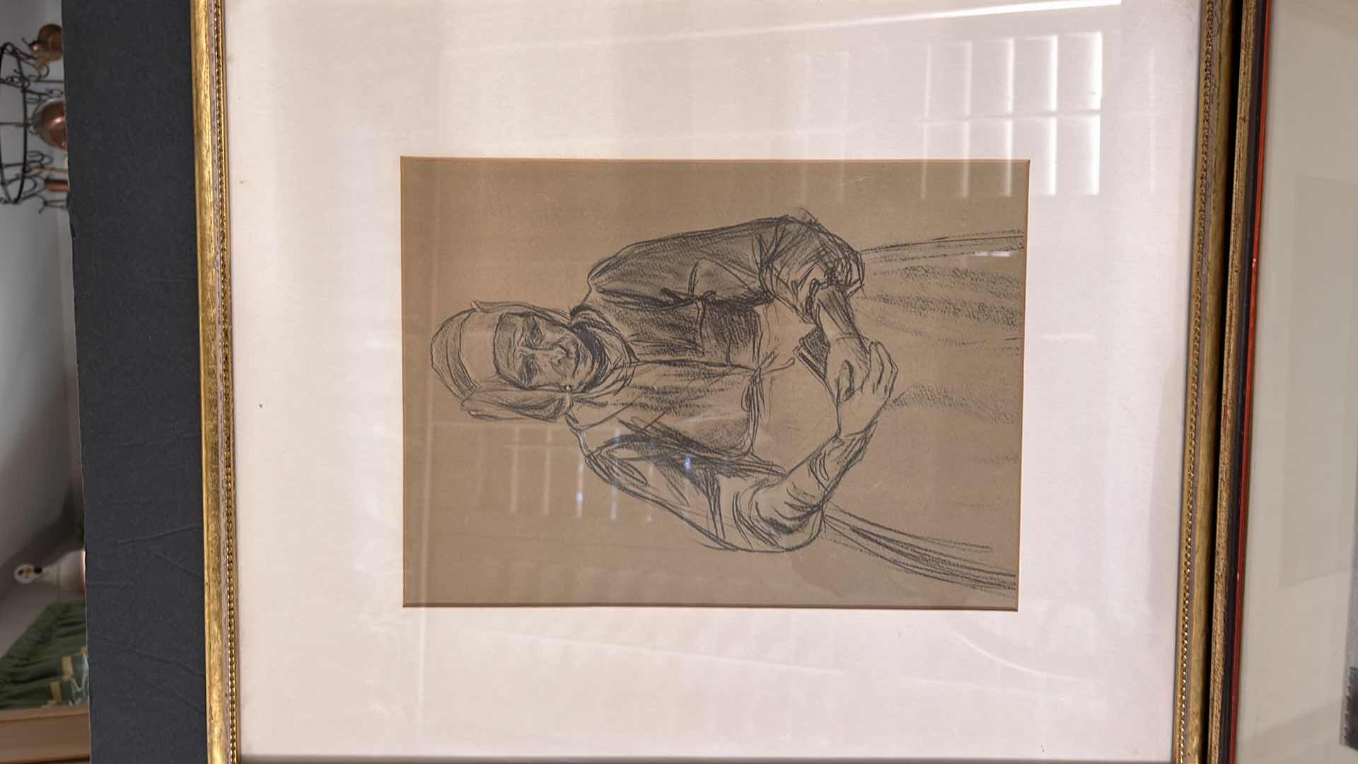 Photo 1 of 2 WALL DECOR- GOLD FRAMED ARTWORK 1 SIGNED - OLD WOMAN 14 1/2 x 17 1/2, VILLAGE 15 3/4” x 13 1/2”