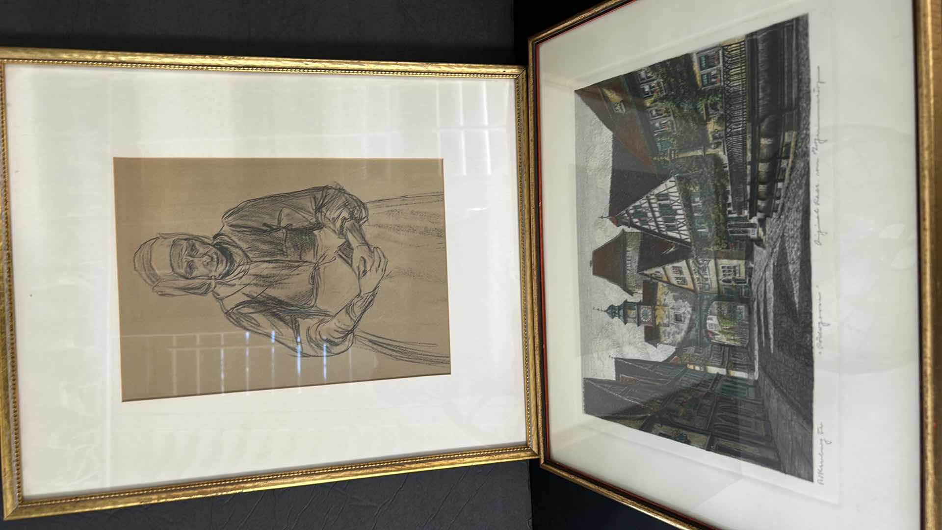 Photo 1 of 2 WALL DECOR- GOLD FRAMED ARTWORK 1 SIGNED - OLD WOMAN 14 1/2 x 17 1/2, VILLAGE 15 3/4” x 13 1/2”