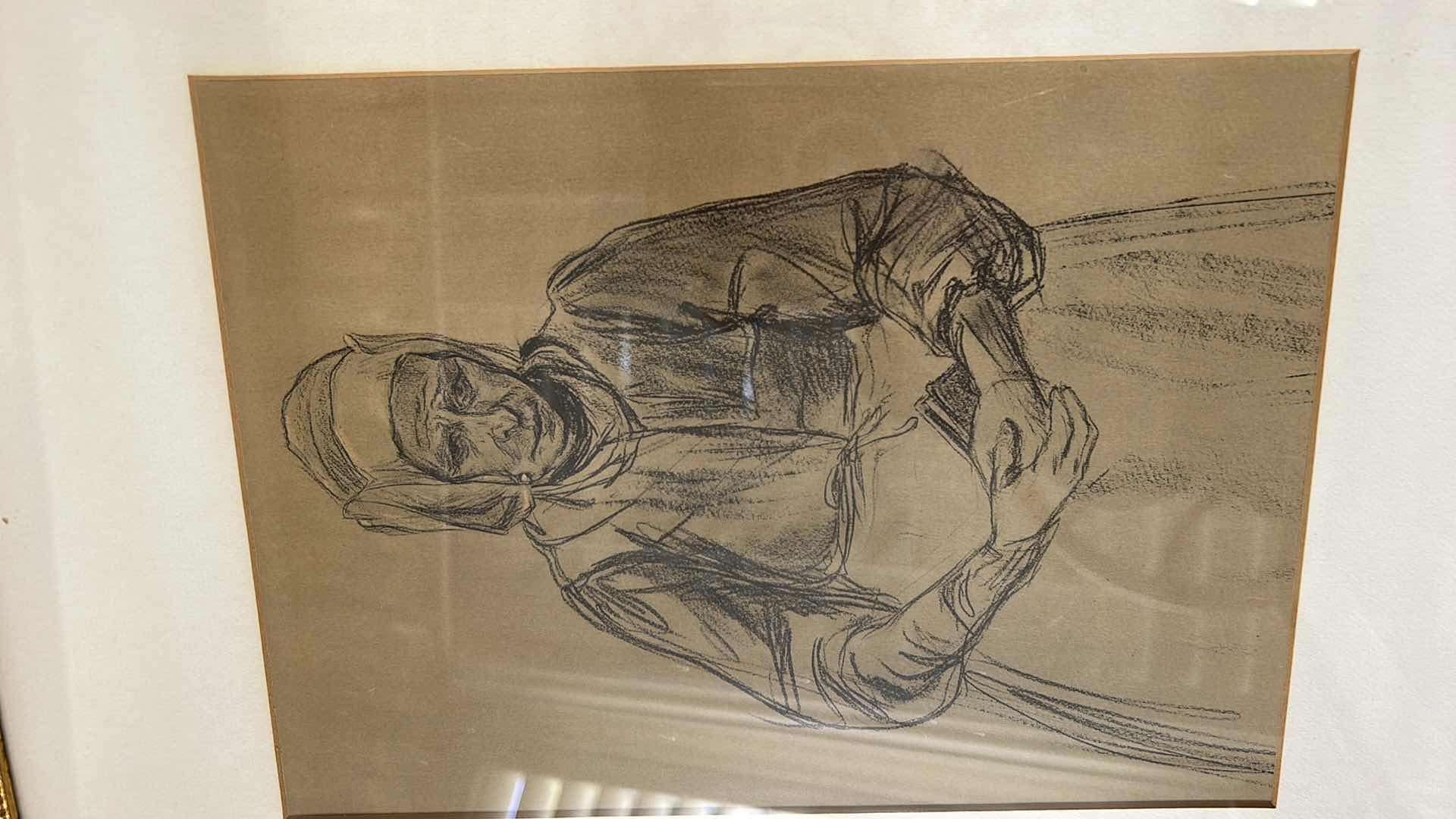 Photo 3 of 2 WALL DECOR- GOLD FRAMED ARTWORK 1 SIGNED - OLD WOMAN 14 1/2 x 17 1/2, VILLAGE 15 3/4” x 13 1/2”