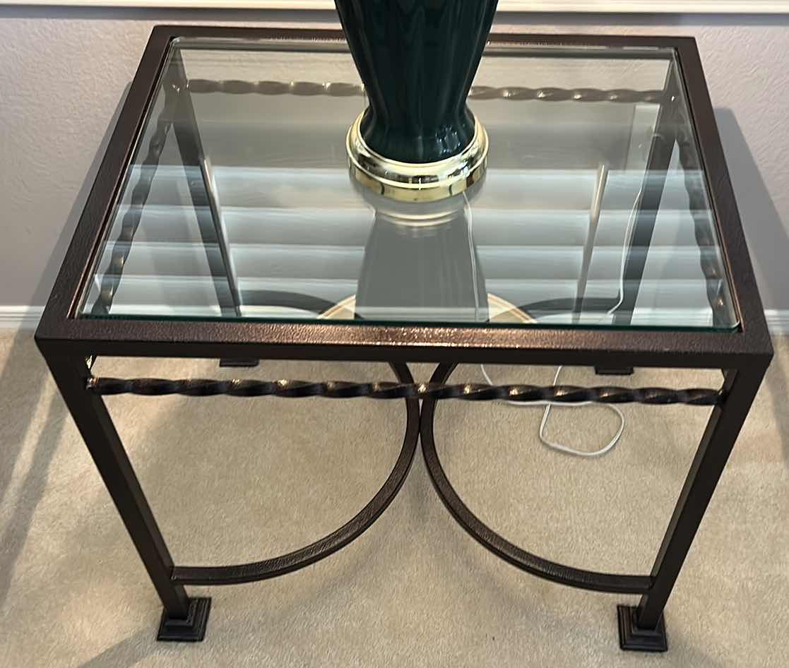 Photo 1 of METAL GLASS TOP TABLE WITH TABLE LAMP 28” x 22” x 24”