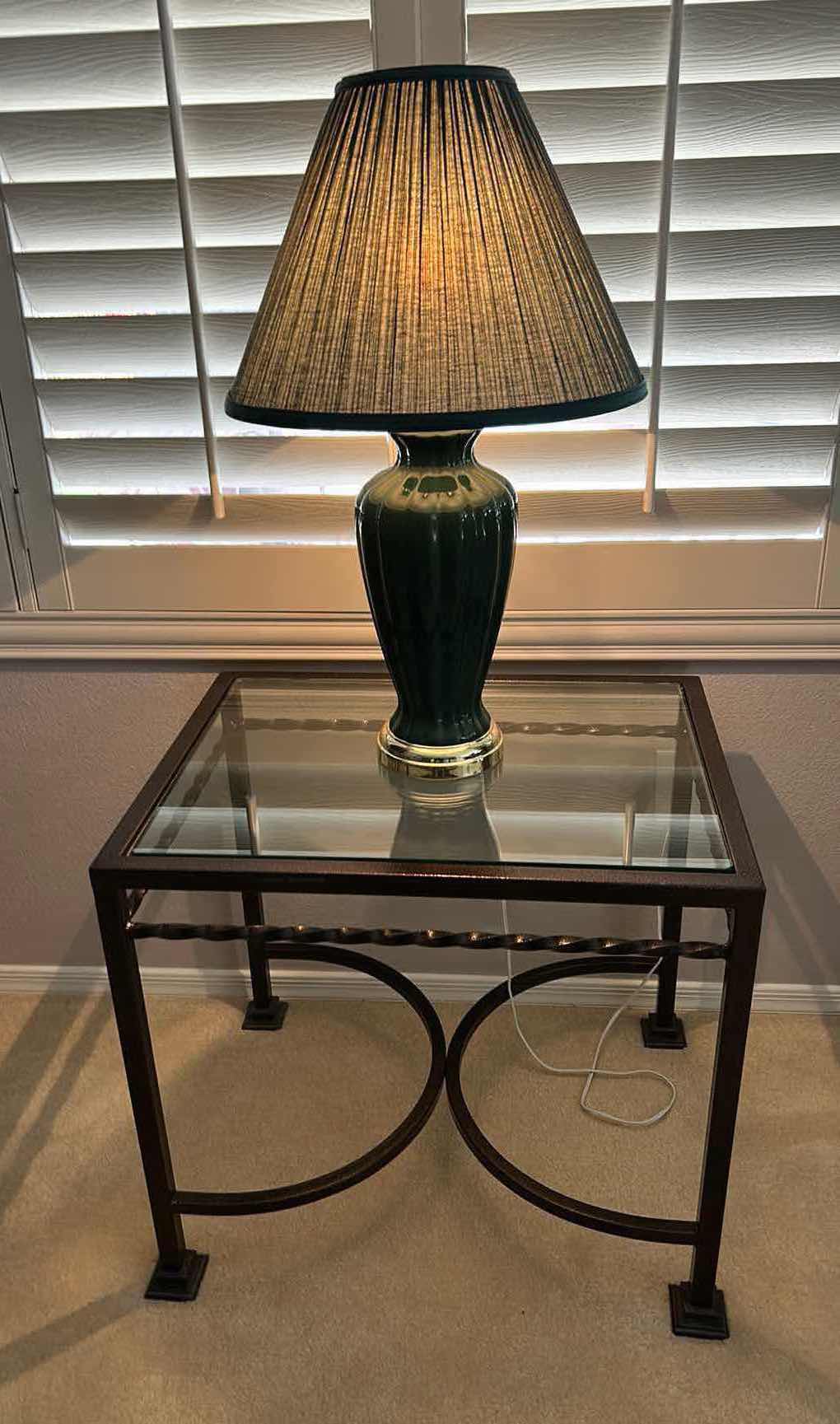 Photo 1 of METAL GLASS TOP TABLE WITH TABLE LAMP 28” x 22” x 24”