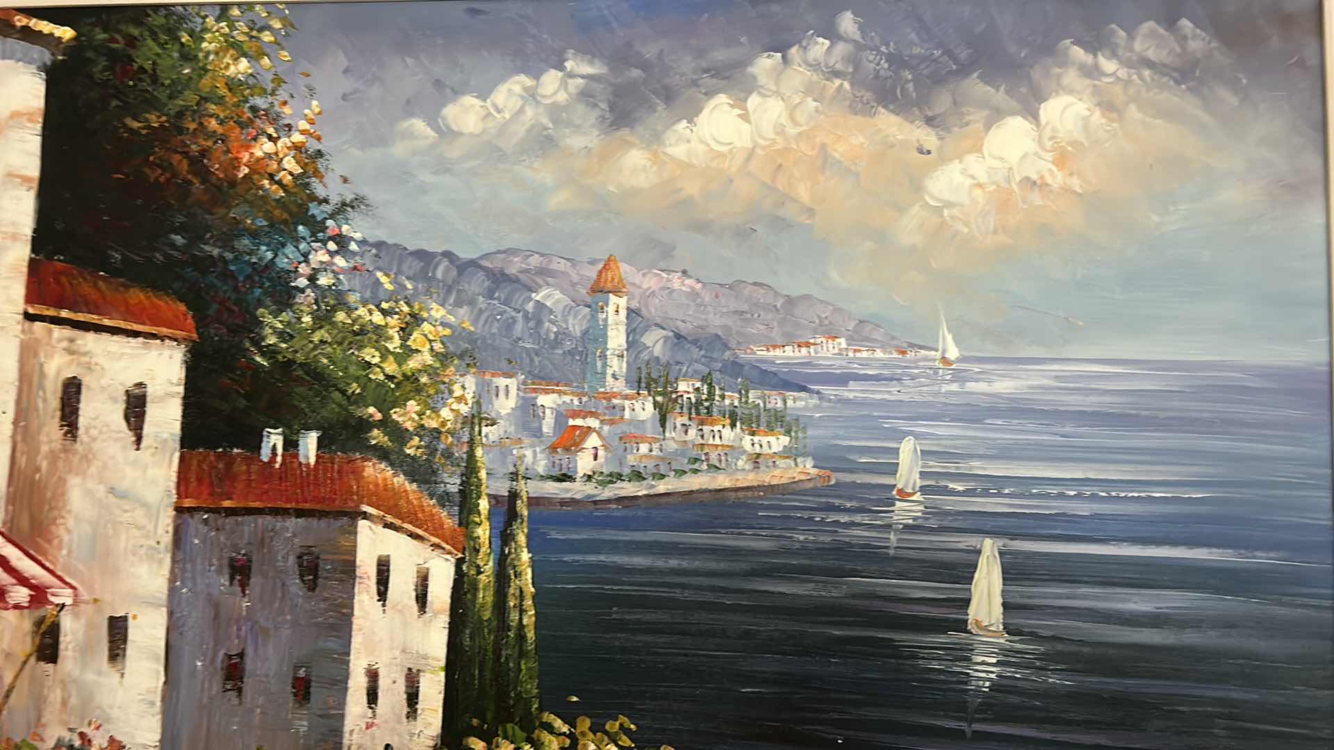 Photo 1 of LARGE TEXTURED PAINT ON CANVAS, SEASIDE VILLAGE FRAMED ARTWORK 56” x 44”