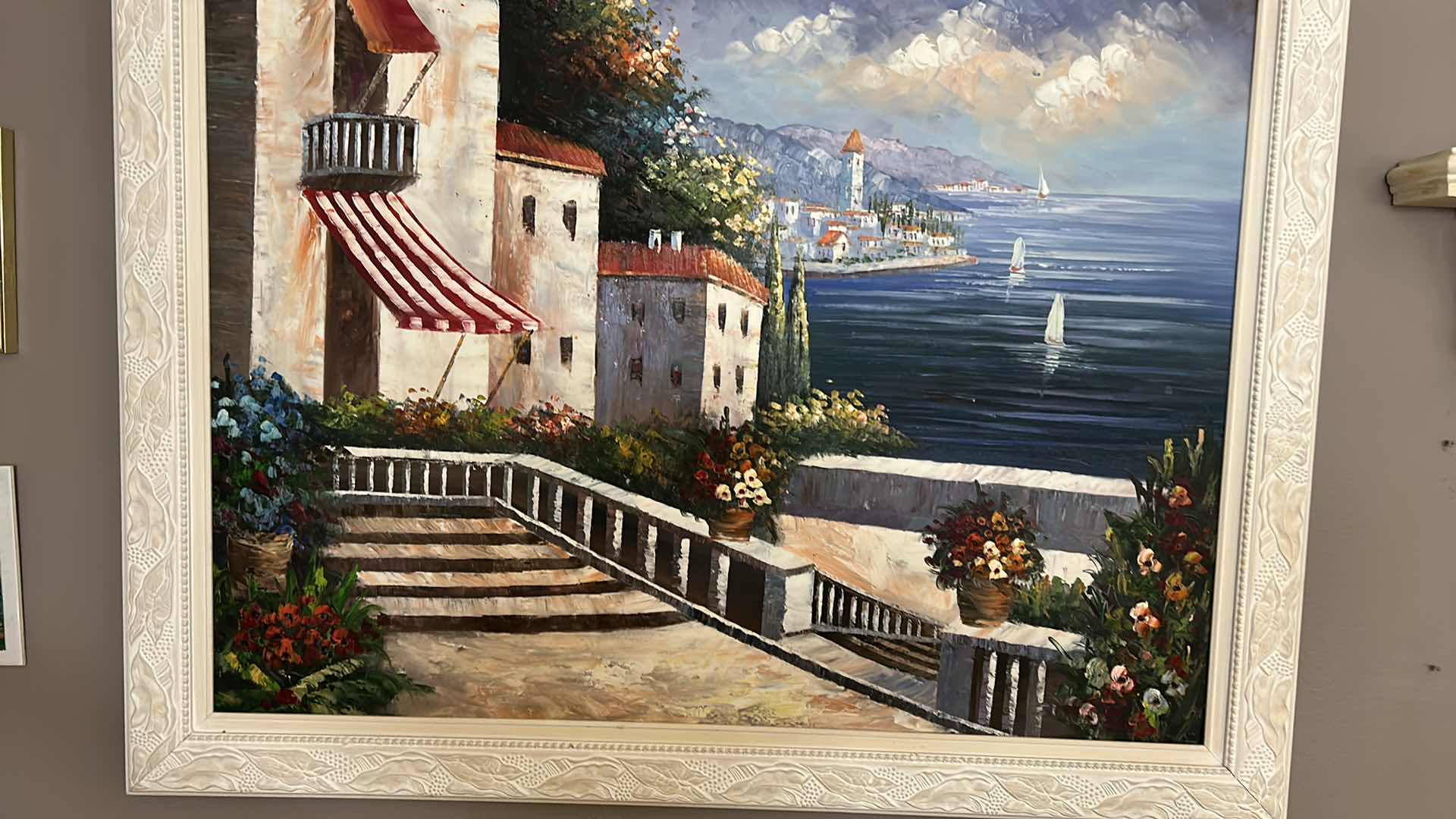 Photo 1 of LARGE TEXTURED PAINT ON CANVAS, SEASIDE VILLAGE FRAMED ARTWORK 56” x 44”