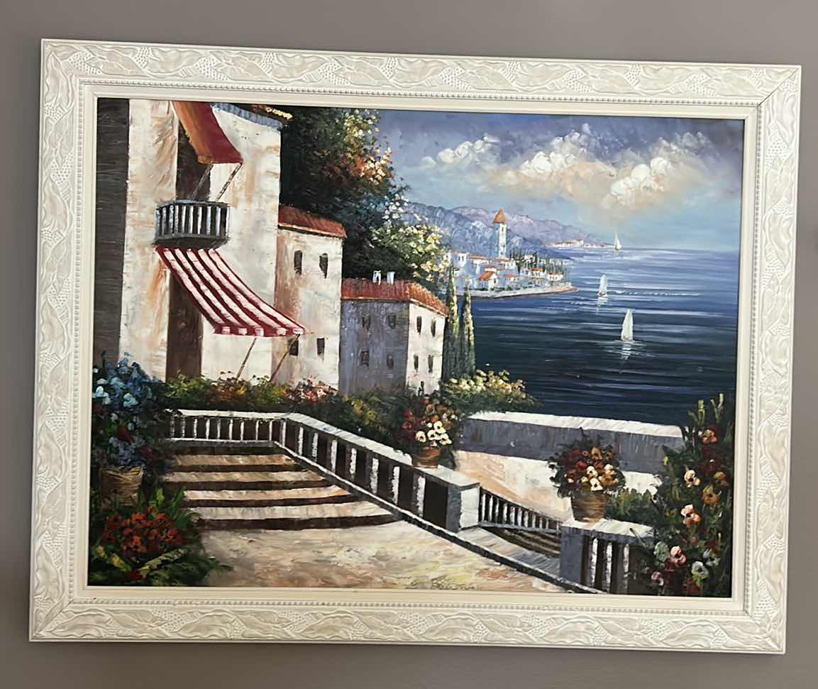 Photo 1 of LARGE TEXTURED PAINT ON CANVAS, SEASIDE VILLAGE FRAMED ARTWORK 56” x 44”
