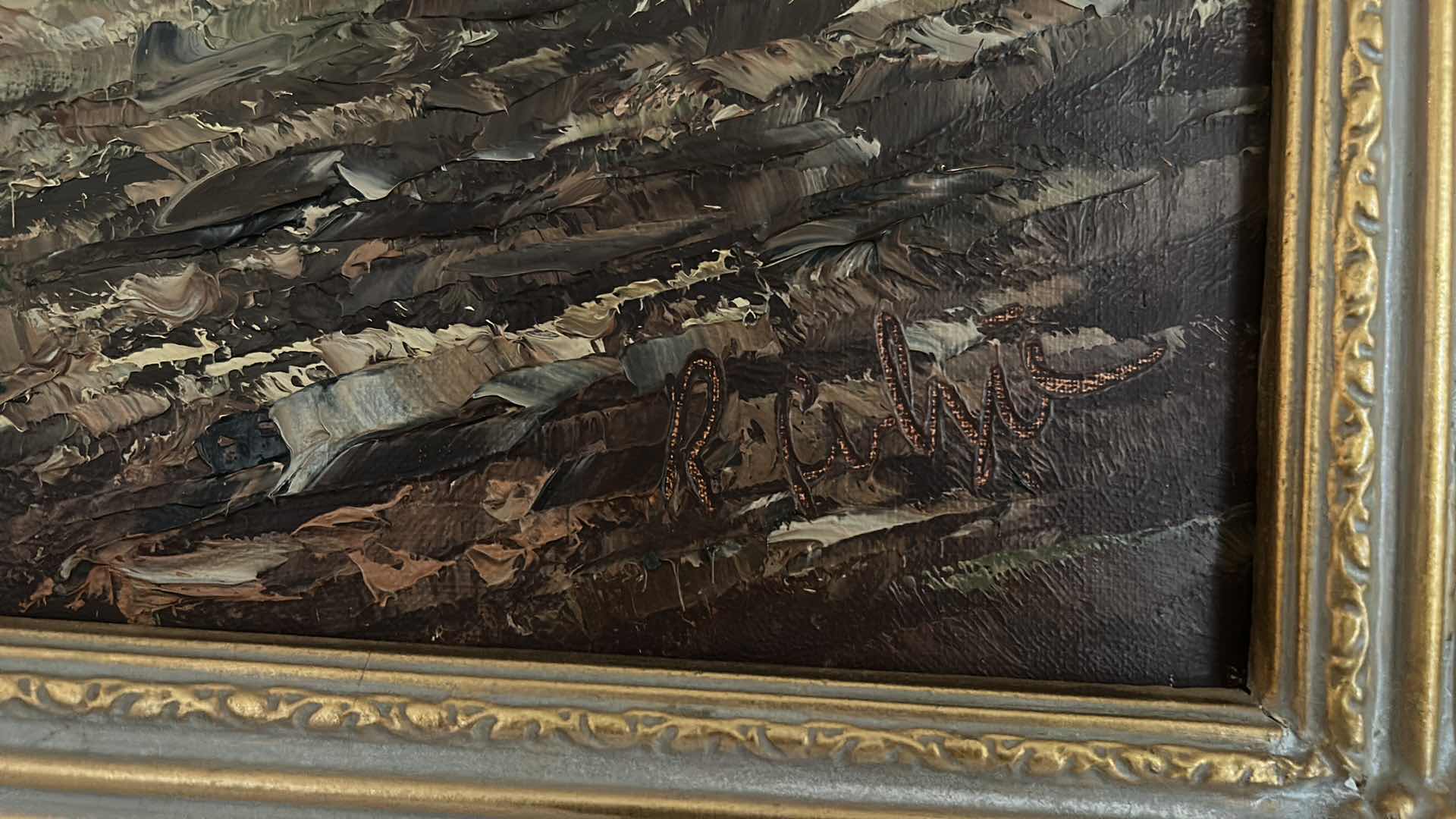 Photo 1 of WALL DECOR - SIGNED PAINT ON CANVAS LANDSCAPE, ORNATE GOLD FRAMED ARTWORK 34” x 25”