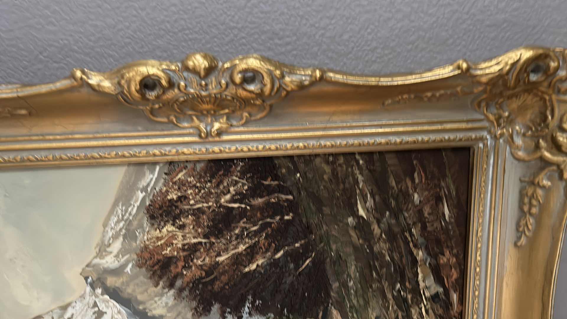 Photo 1 of WALL DECOR - SIGNED PAINT ON CANVAS LANDSCAPE, ORNATE GOLD FRAMED ARTWORK 34” x 25”
