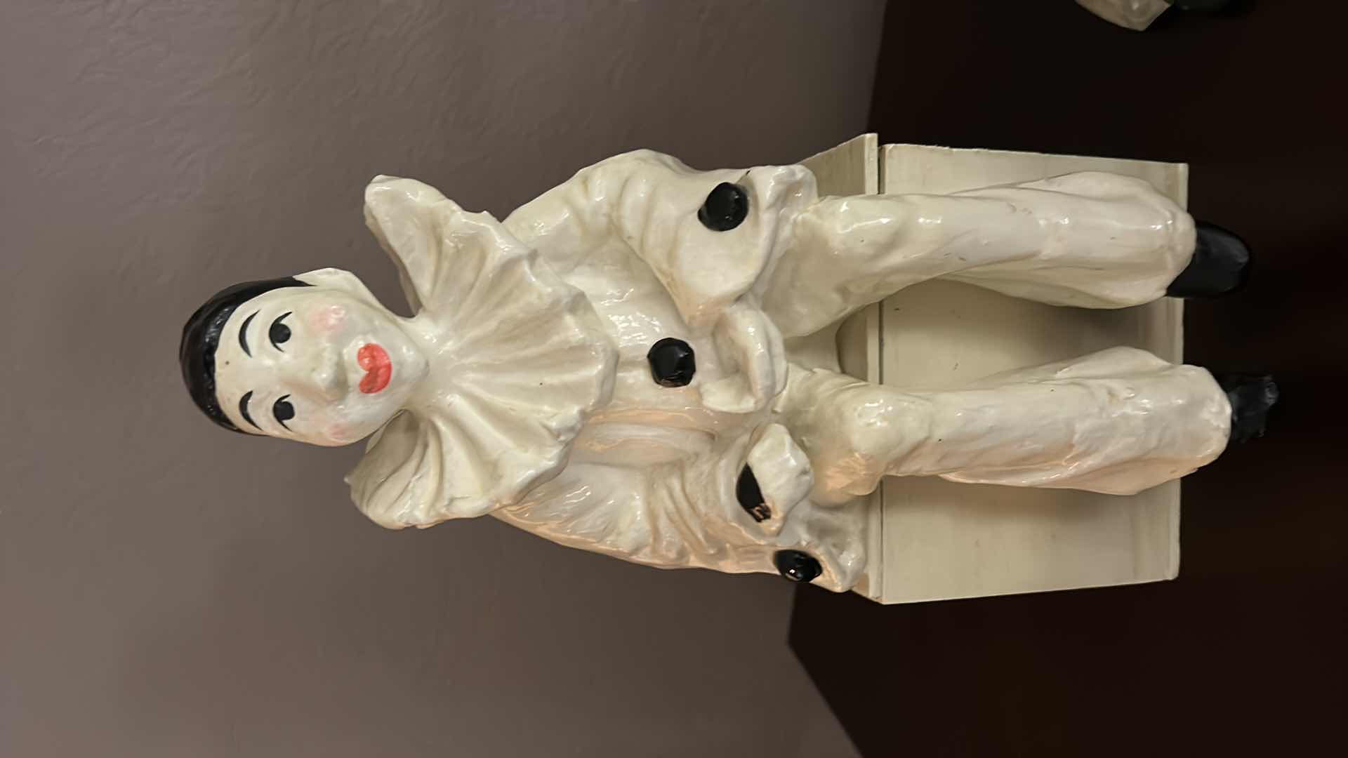 Photo 1 of VINTAGE COLLECTIBLES -2 PAPER MACHE CLOWNS AND MUSICAL TIN CAROUSEL (TALLEST 13.5”