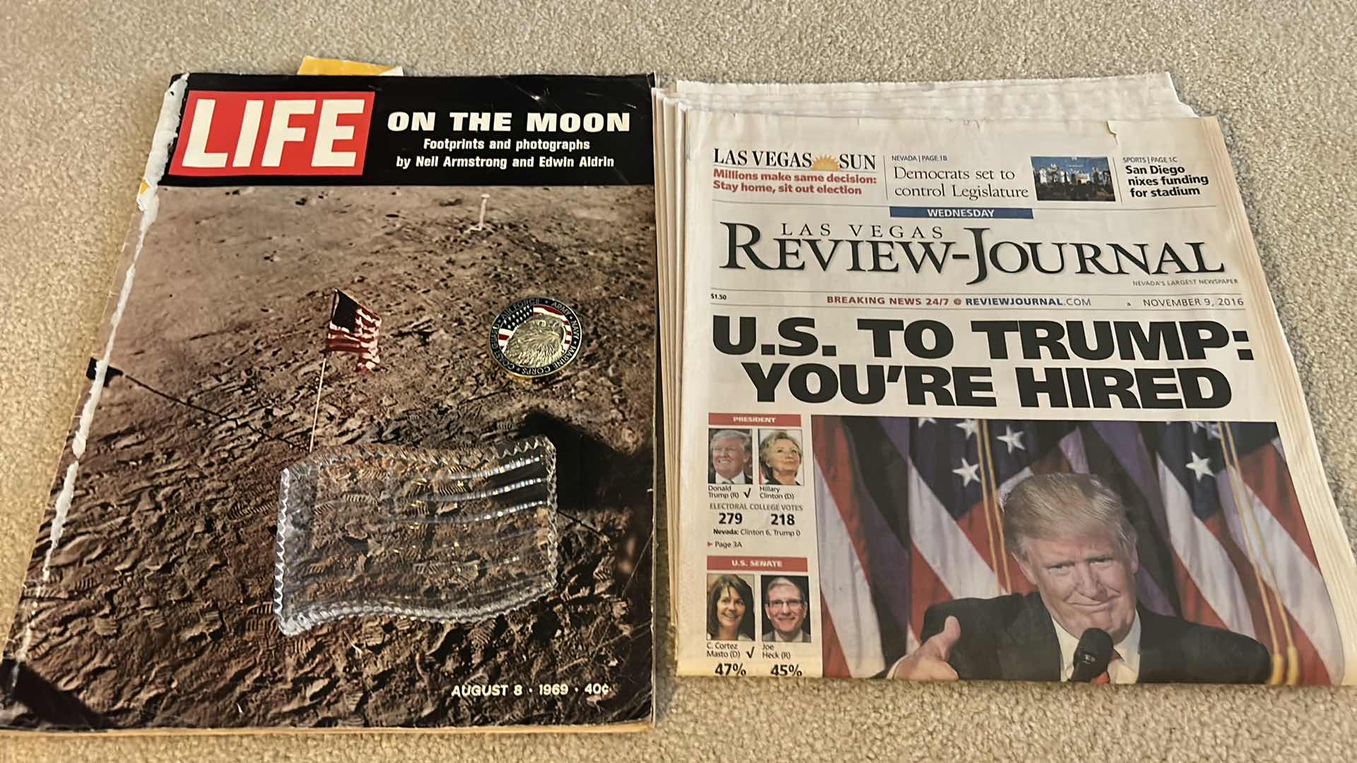 Photo 1 of LIFE MAGAZINE 1969, LAS VEGAS REVIEW JOURNAL, “US TO TRUMP - YOU’RE HIRED, MILITARY COIN AND FLAG PAPER WEIGHT