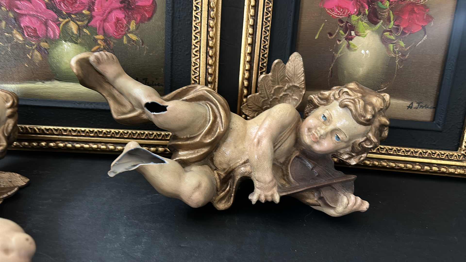 Photo 1 of 4 PC WALL DECOR, SIGNED OIL ON CANVAS ROSES, ORNATE GOLD FRAMED ARTWORK (TALLEST MEASURES 9.5” x 16”)AND TWO VINTAGE CHERUBS