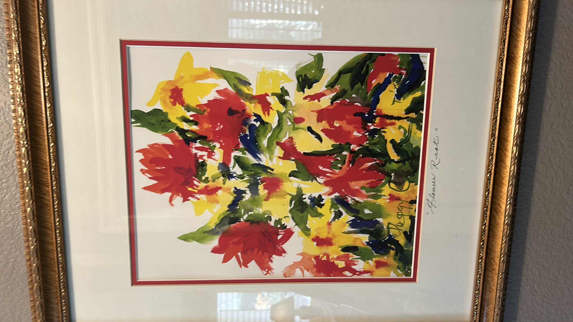 Photo 1 of WALL DECOR - SIGNED WATERCOLOR “ FLOWER RIOT” GOLD FRAMED ARTWORK 19” x 22 1/2”