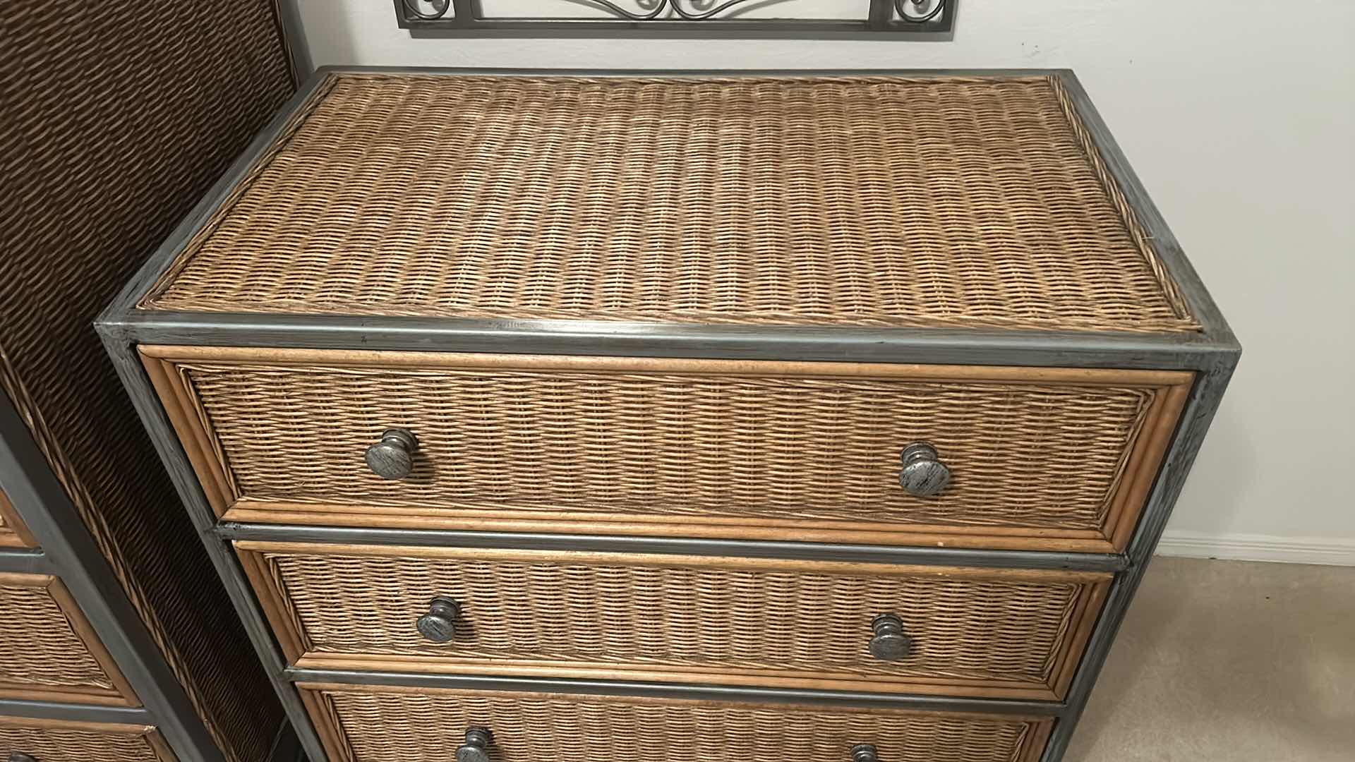 Photo 6 of RATAN AND METAL CHEST OF DRAWERS 32” x 20” x 32” AND METAL MIRROR 2’ x 3’