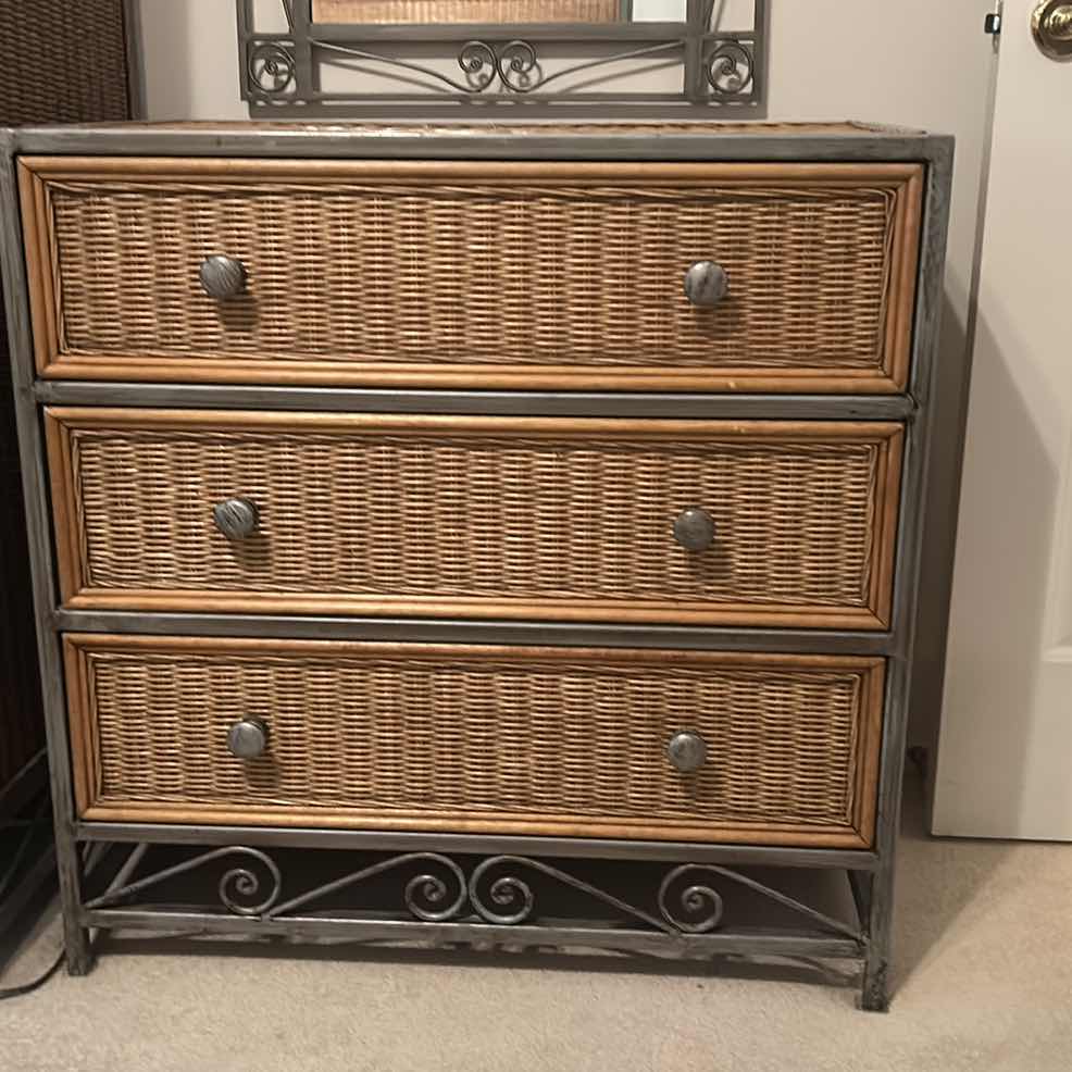 Photo 2 of RATAN AND METAL CHEST OF DRAWERS 32” x 20” x 32” AND METAL MIRROR 2’ x 3’