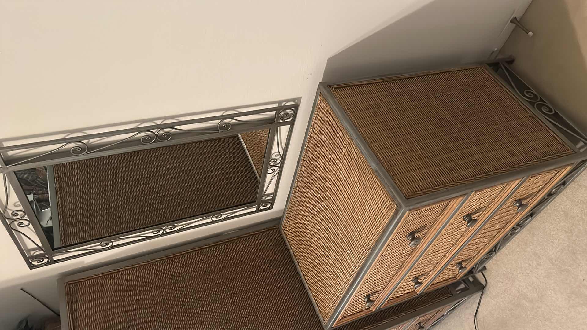 Photo 5 of RATAN AND METAL CHEST OF DRAWERS 32” x 20” x 32” AND METAL MIRROR 2’ x 3’